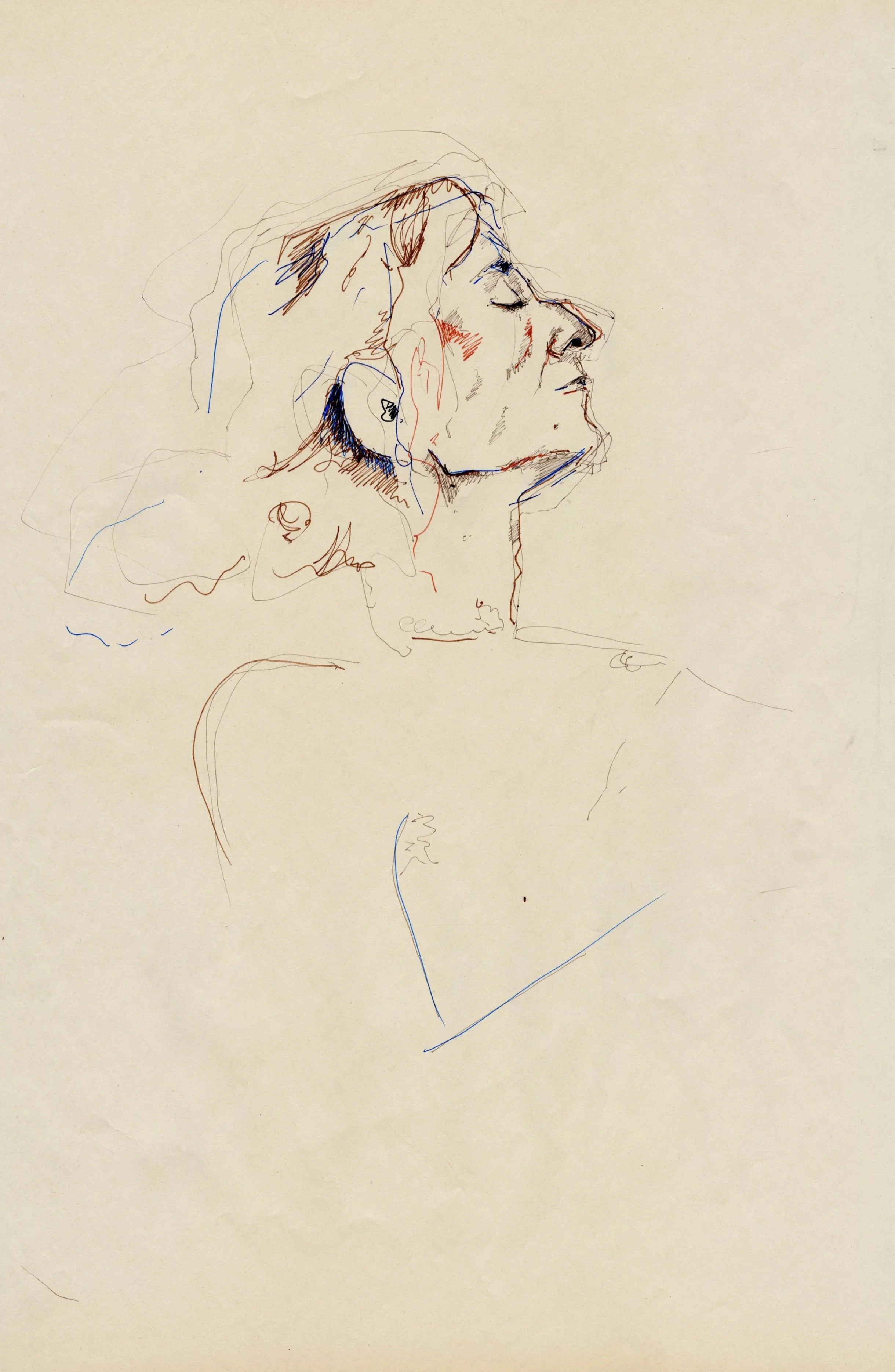 A sketch of a woman with closed eyes, long hair, and earrings, drawn with thin colored lines on a plain background.