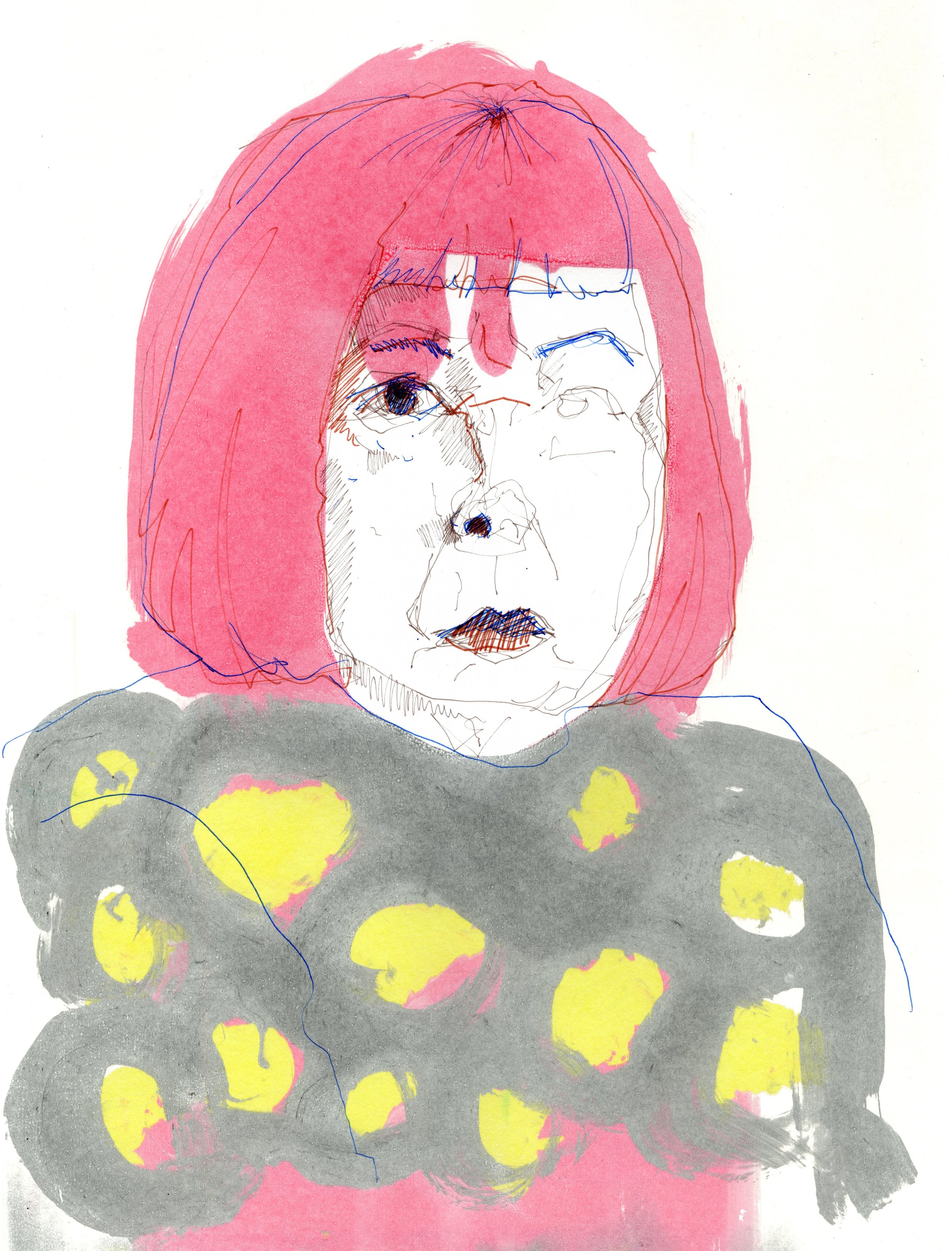 A colourful, contemporary, bold, abstract portrait of iconic Japanese artist Yayoi Kusama. With her iconic red hair she wears a black garment featuring her signature dots. Line work are used for the drawing with mono screen used for colour.