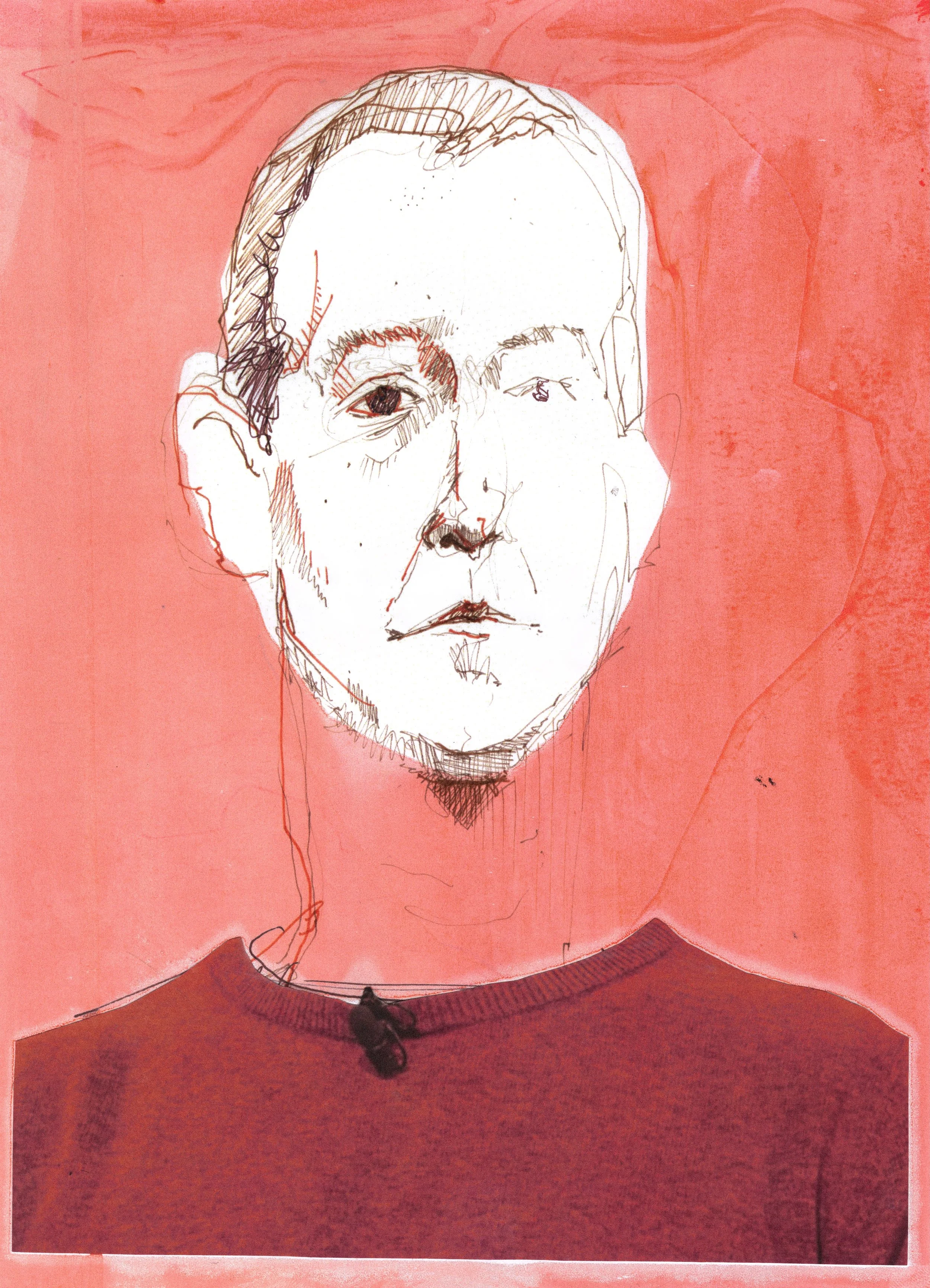 A portrait of Mark Zuckerberg, CEO of META. Portrait consists of brown and orange line drawing combined with photo collage and mono screen print. The red framing device and floating head give Zuckerberg and an almost otherworldly or alien appearance.