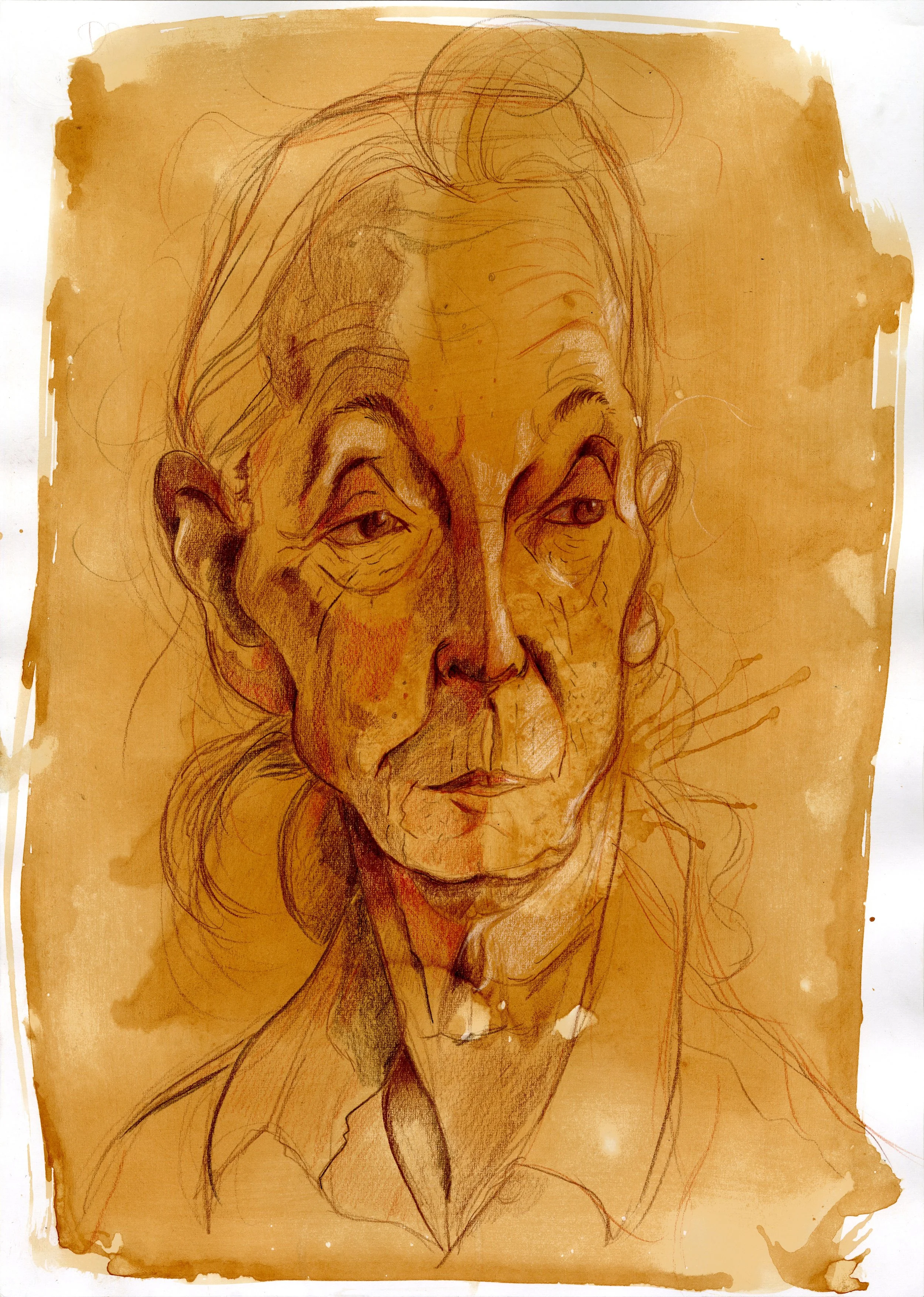 Sketch of an elderly woman with detailed facial features, in sepia tones, with loose drawing lines and watercolor background.