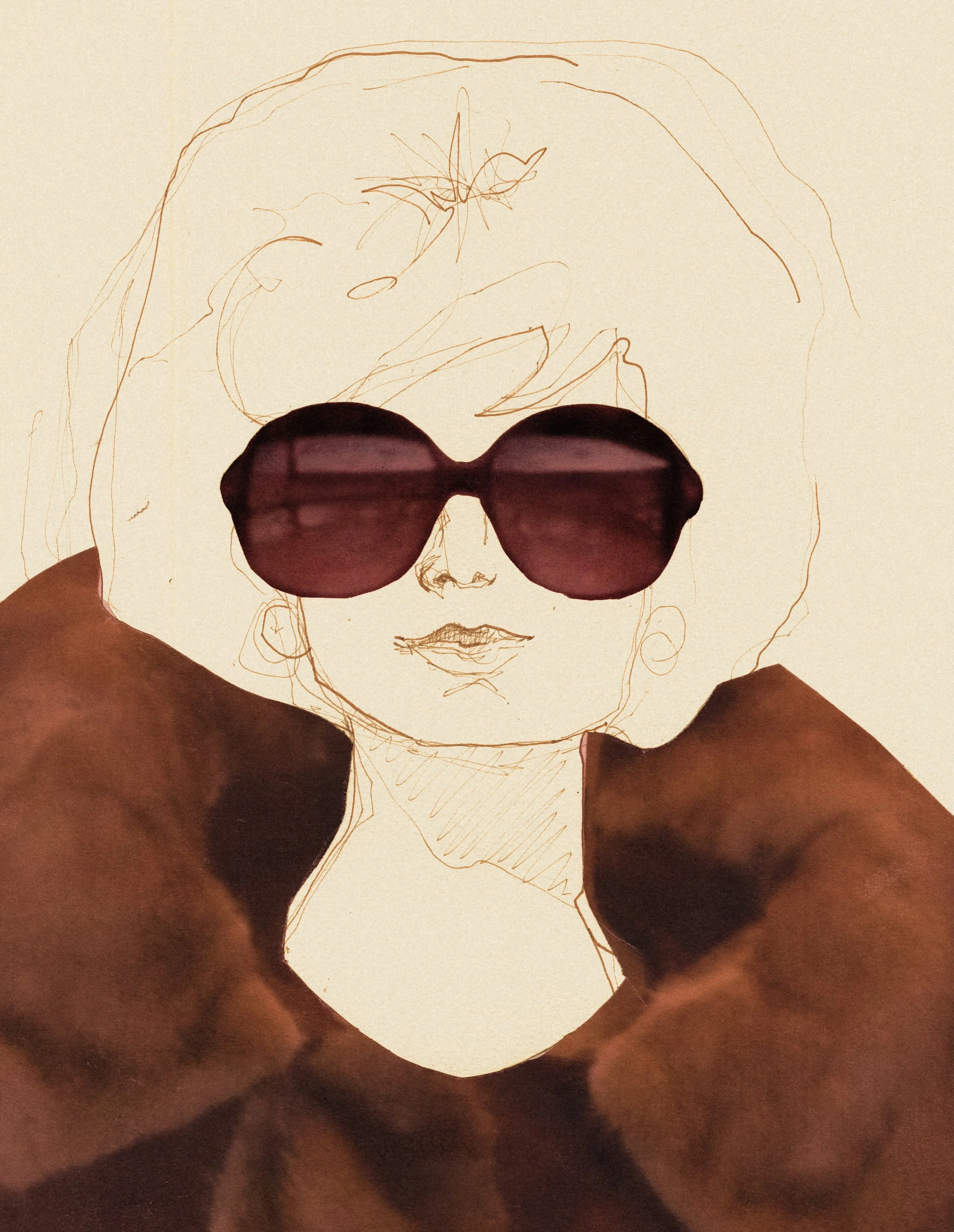 A portrait of Jacqueline Kennedy Onassis  (Jackie O) wearing sunglasses, with a line-drawn face, collaged sunglasses and brown fur coat. This portrait combines sketch and photograph elements with digital work