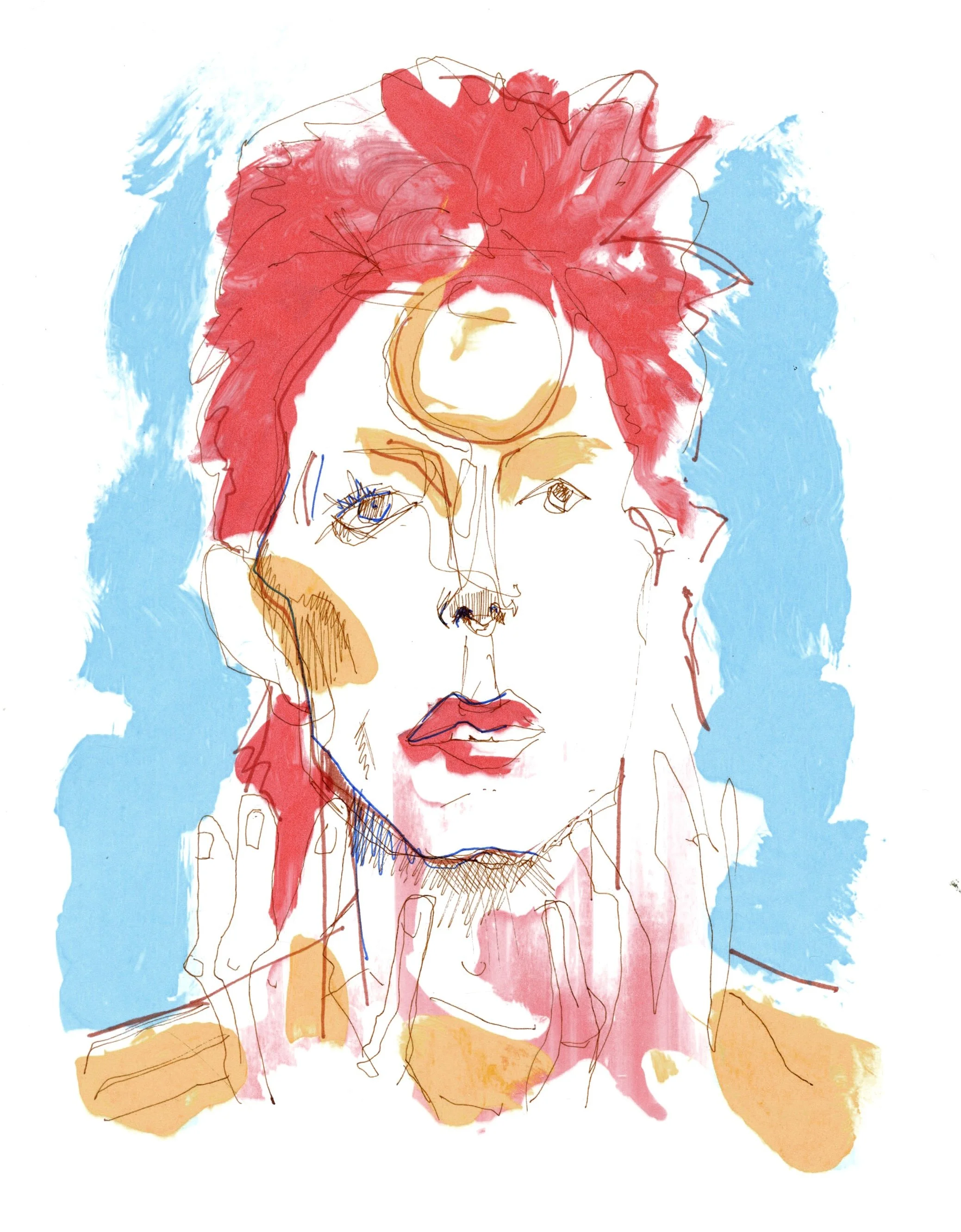 Bold contemporary portrait of British Music Icon David Bowie by Toby Templeman. Line drawing, mono screen print and digital.