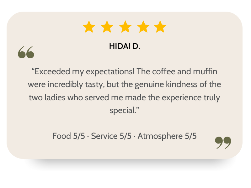 Customer review card with five gold stars, praise for food, service, and atmosphere, and a positive quote from Hidai D.
