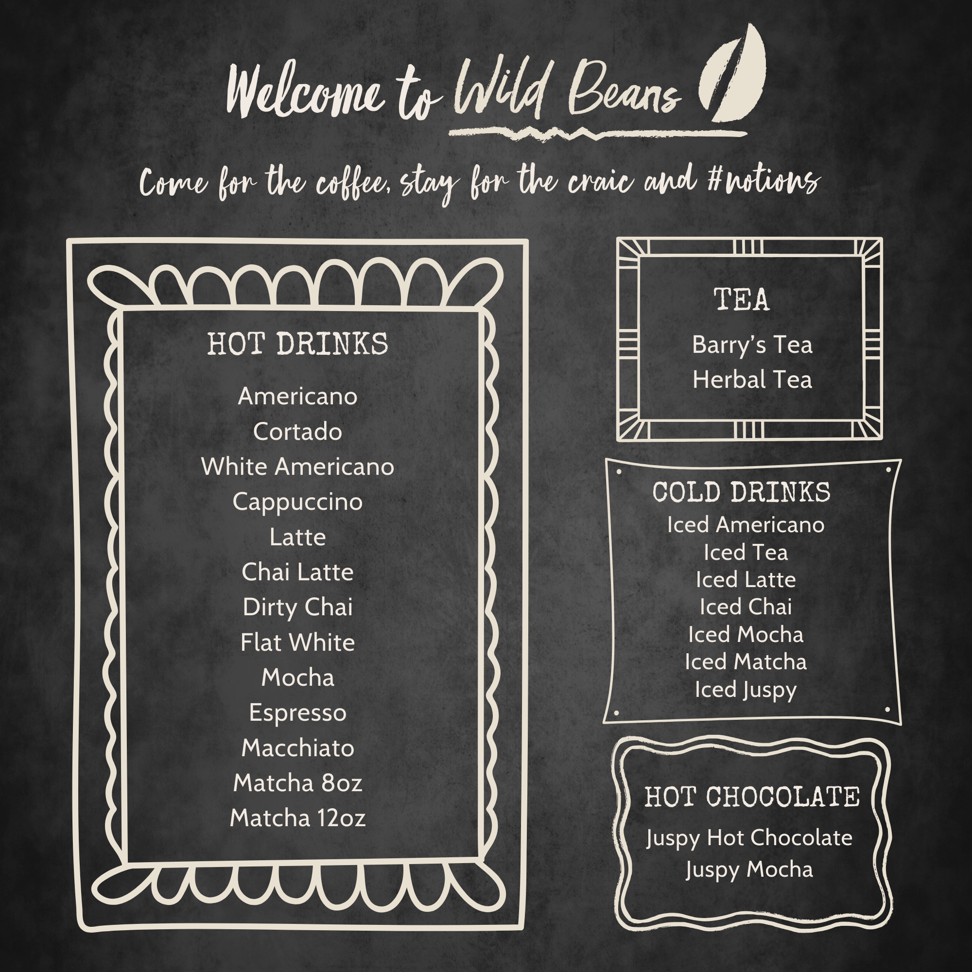 Chalkboard menu for Wild Beans coffee shop featuring hot drinks, teas, cold drinks, and hot chocolate options, with decorative borders.