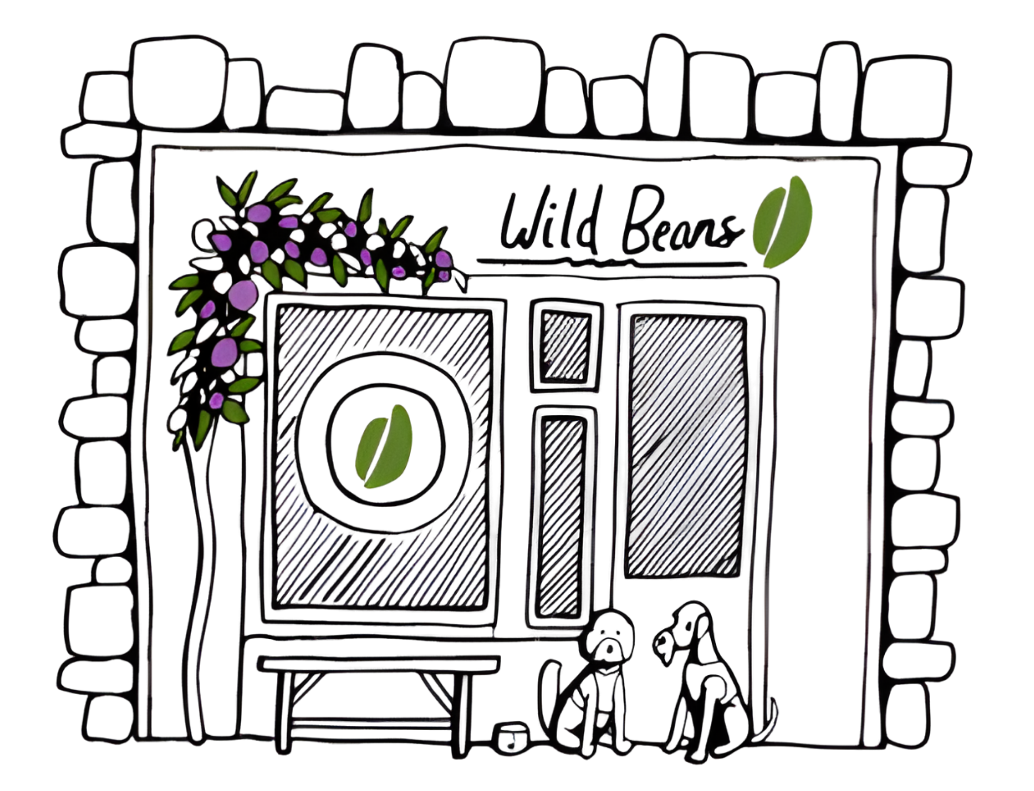 A black storefront with a sign that reads 'Wild Beans' above the door, decorated with purple flowers and green leaves on the left side and a green leaf on the right side, with two black cats sitting near the entrance.