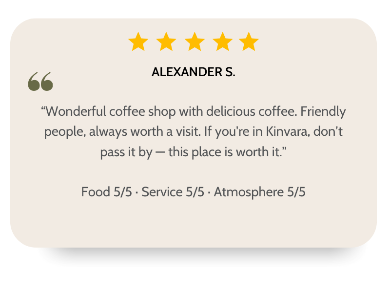 Customer review card with five gold stars at the top, the name Alexander S., a quote praising a coffee shop, and ratings of 5 out of 5 for Food, Service, and Atmosphere.