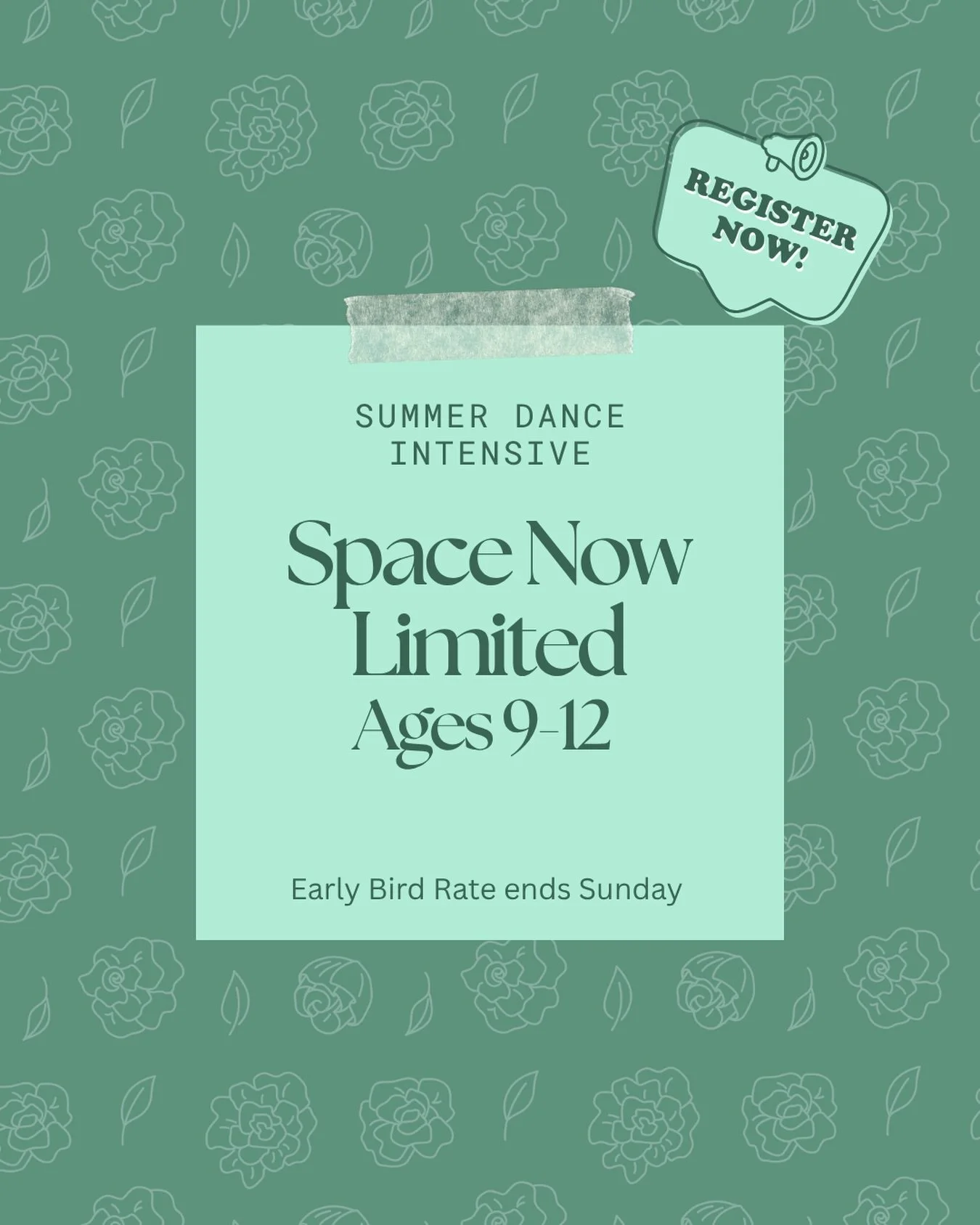 Space is now limited for our Summer Dance Intensive in the Age 9-12 group 🩰🩵

Register today to save your spot! A reminder that Early Bird Rates are ending this Sunday, May 31st 🗓️

Click the link in our bio or visit our website to save your spot 