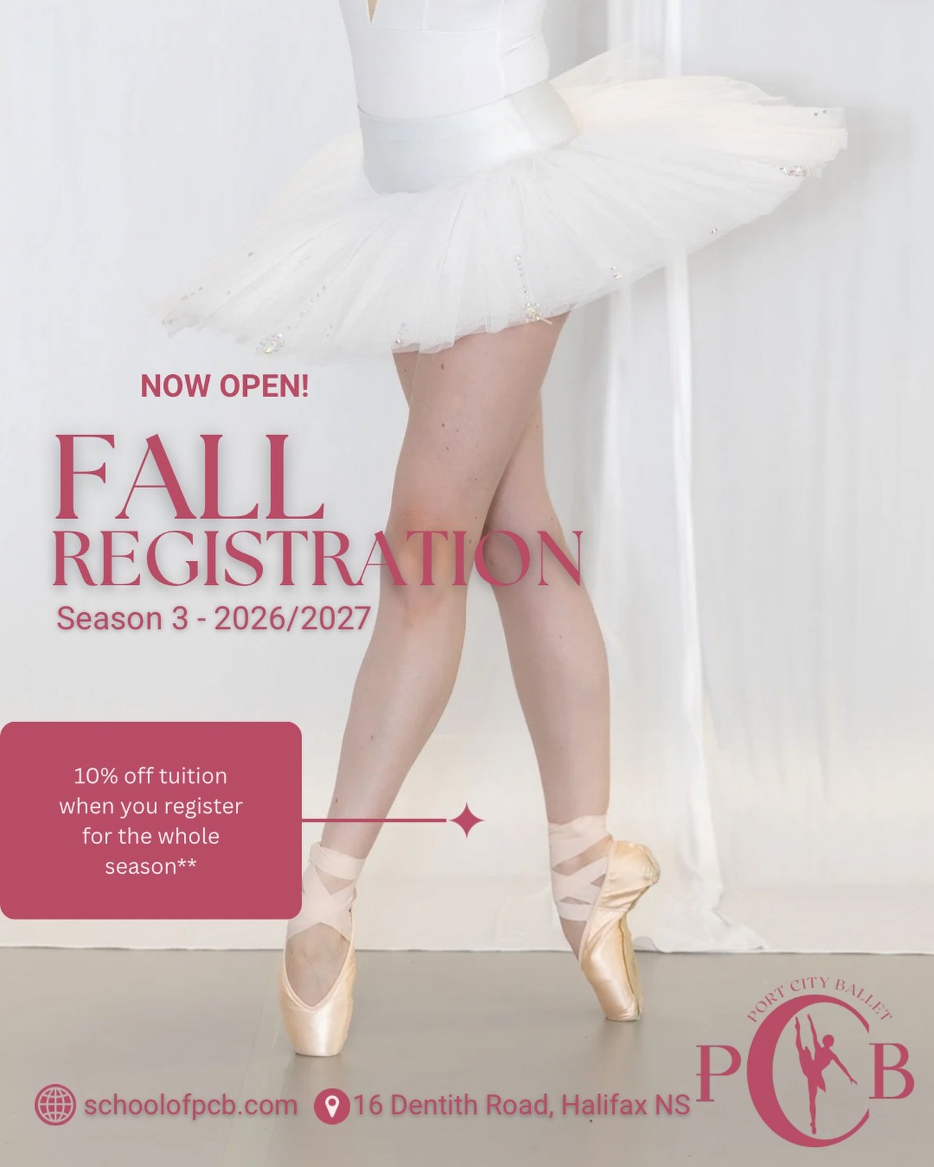 FALL REGISTRATION - NOW OPEN! 
ₛₑₐₛₒₙ ₃ - ₂₀₂₆/₂₀₂₇

Class schedule and registration details are available on our website at www.schoolofpcb.com 🩷

Please contact Miss Nova directly about appropriate class placements. 📋 

We are offering 10% off tu