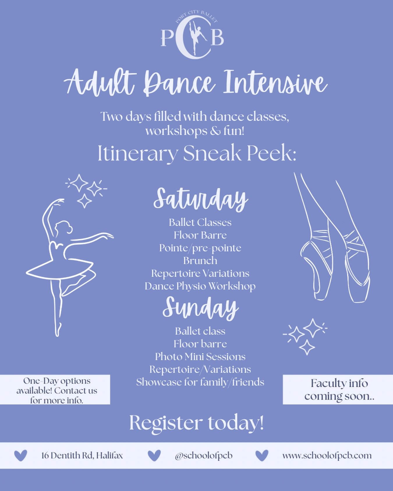Curious about our Adult Summer Dance Intensive? 💭 
Wondering what the weekend will have in store? 🤔 

Look no further! Our itinerary sneak peek is here ☑️🩵

Our two-day intensive will be jam packed with dance classes, workshops, and so many fun of