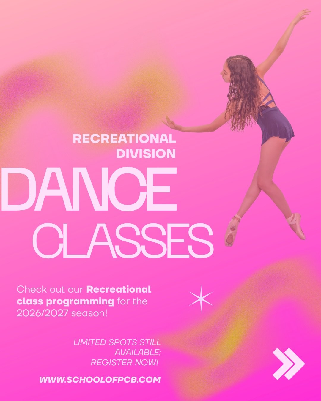 We are pleased to offer our Recreational Division classes for the 2026/2027 season! 💞🩰

Classes start Monday Sept 14th for the Fall term 🗓️

It&rsquo;s not too late to register! There are limited spots still available in select classes 🙌🏻

Send 