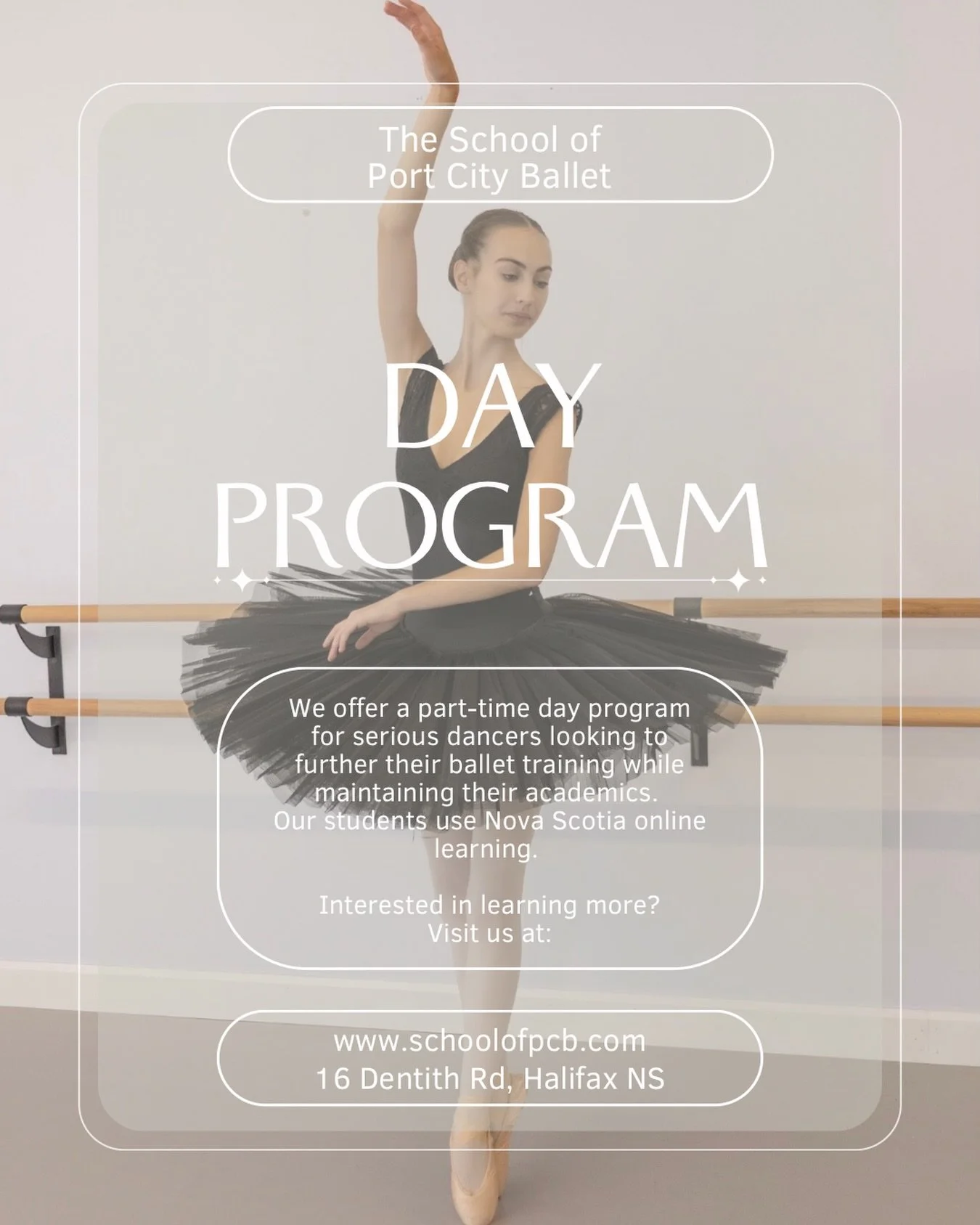 The School of Port City Ballet | Day Program 

We offer a part-time Day Program for serious dancers looking to further their ballet training while maintaining their academics. 🩰

Our students utilize Nova Scotia Online Learning to balance schooling 