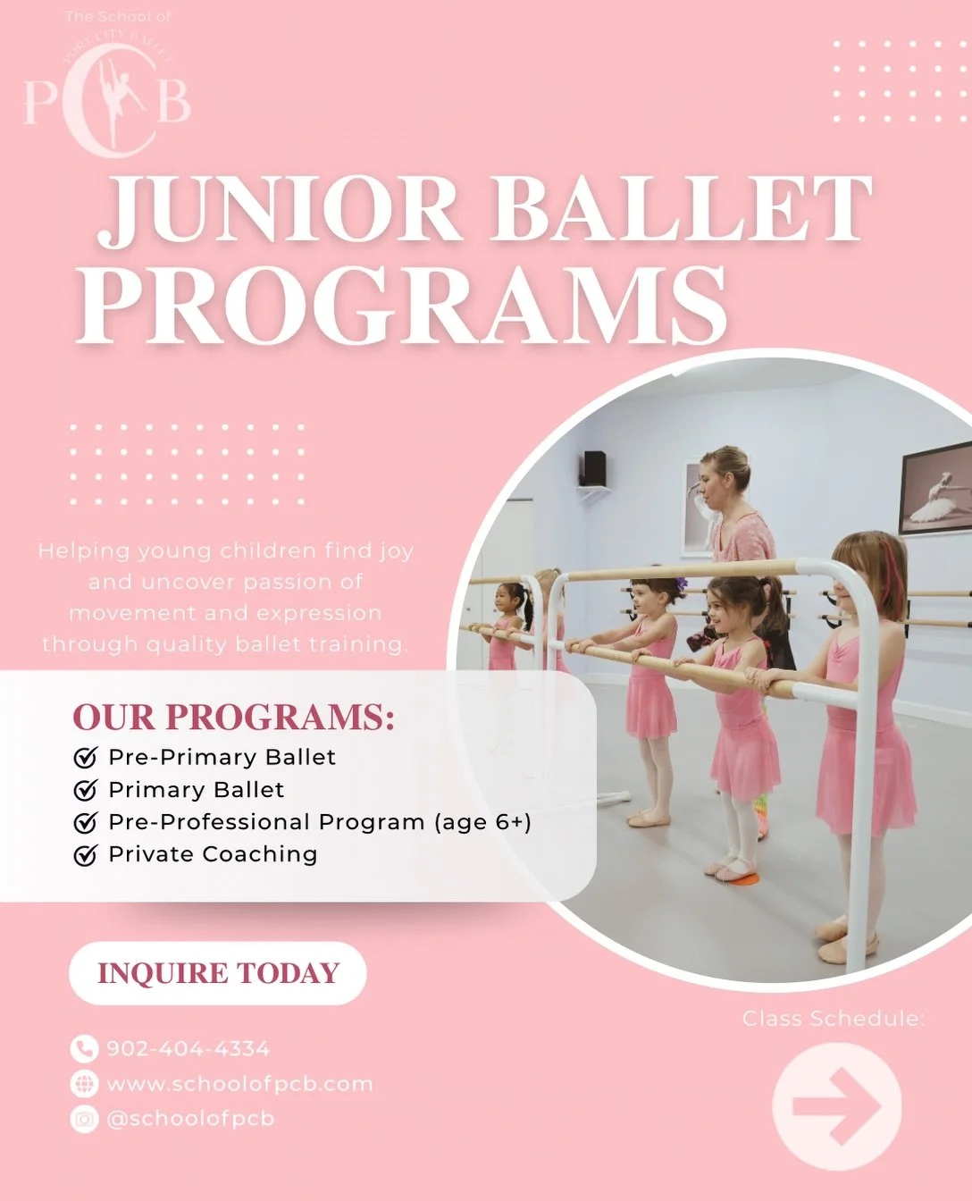 Junior Ballet Programs | The School of Port City Ballet 

Dancers love and passion for movement and expression can start even at the youngest age levels. Quality ballet training with certified professional teachers sets them up with a solid foundatio