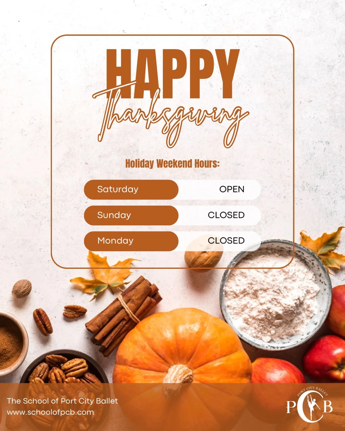 Happy Thanksgiving from the PCB family! 
🥧🍗🍁🍂🙏🏼

A reminder of our long weekend studio hours this upcoming holiday weekend:

🔸Saturday - OPEN
🔸Sunday - CLOSED
🔸Monday - CLOSED

We are SO thankful every day for all of you 🧡