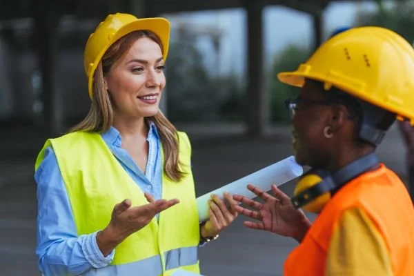 Two female construction managers in yellow hard hats talking while holding rolled architectural blueprints