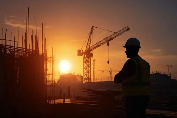 Silhouette of a construction worker in a hard hat looking over a building site with cranes at sunset