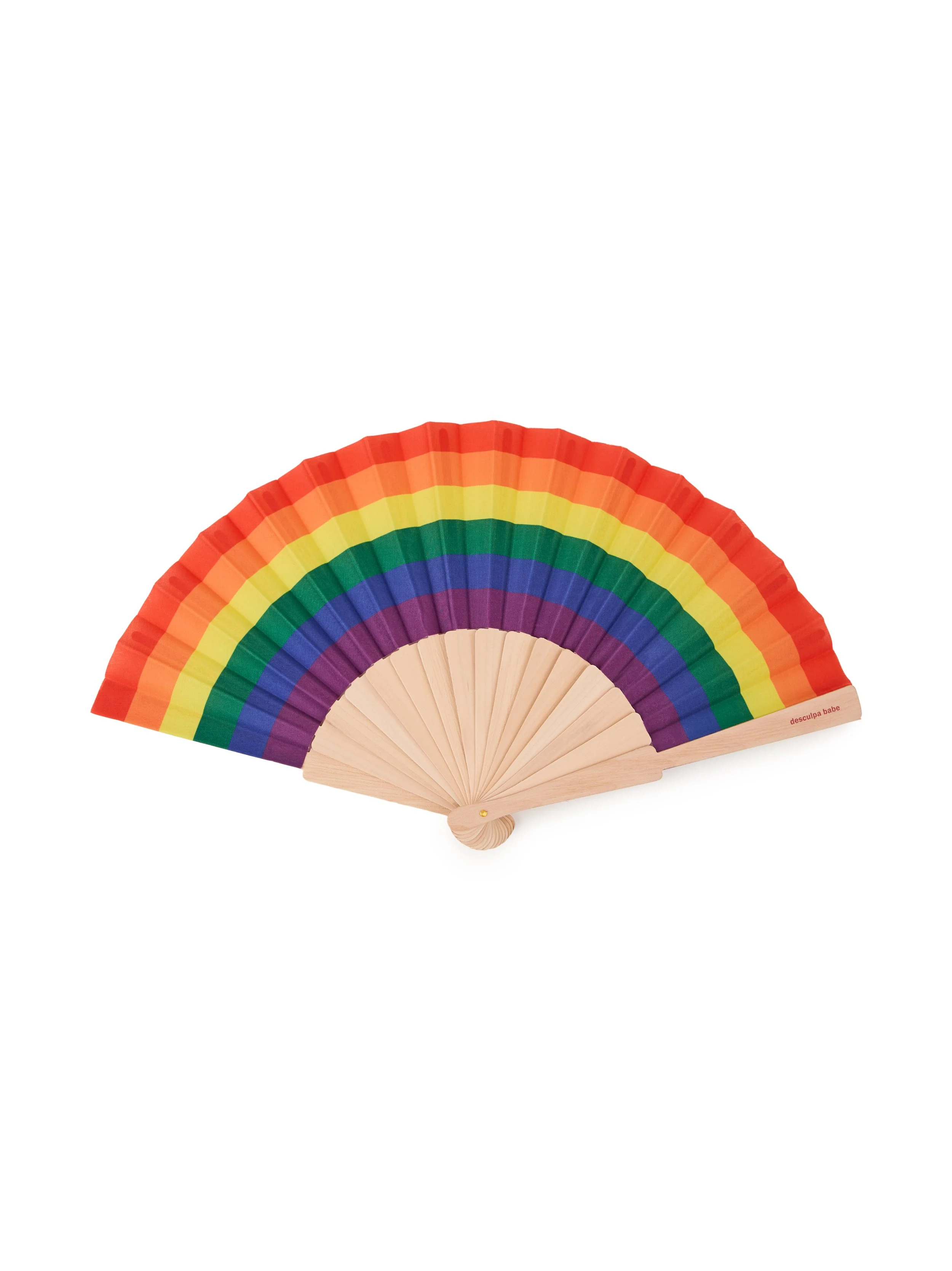 A wooden hand-held fan with rainbow-colored fabric featuring red, orange, yellow, green, blue, and purple stripes.