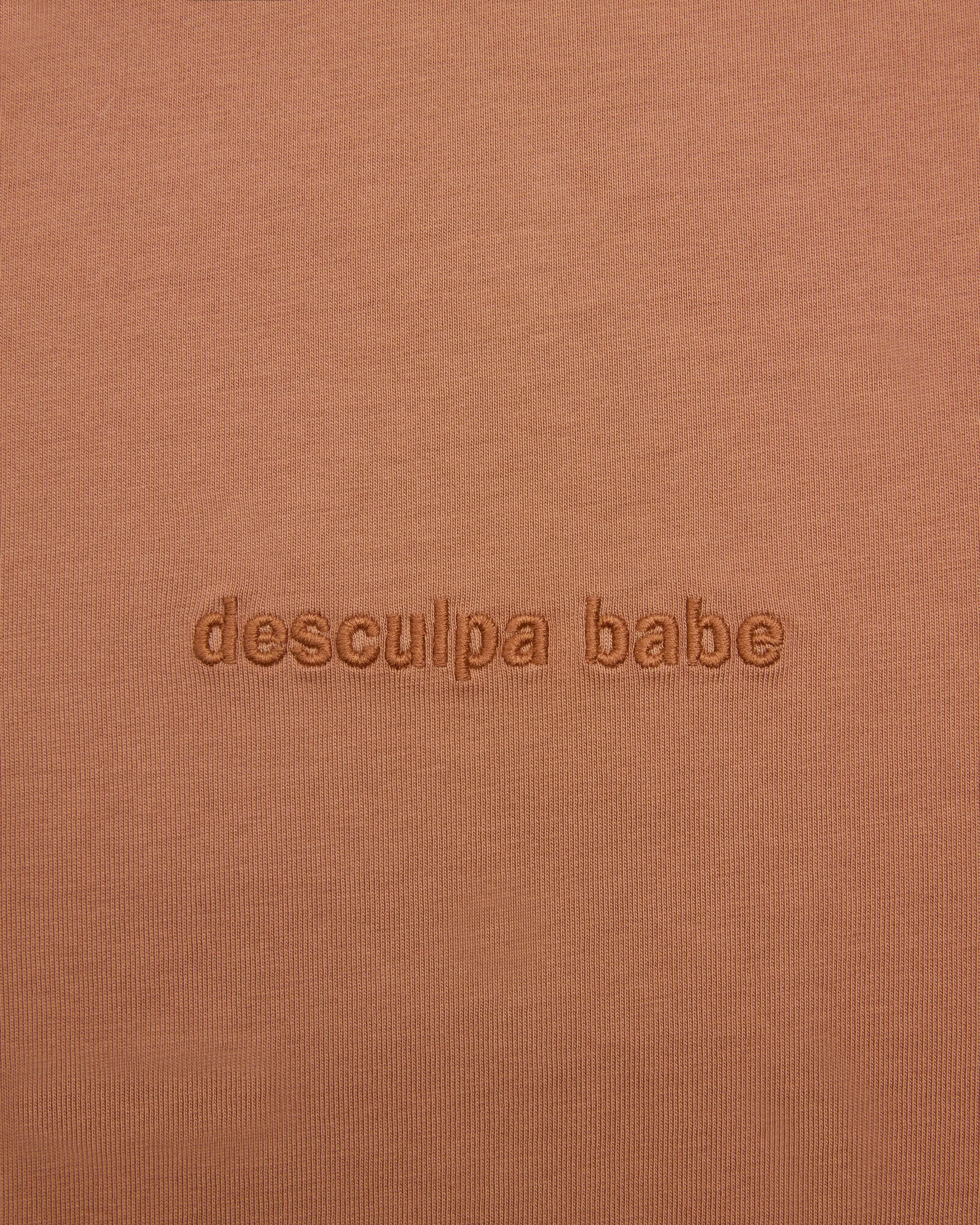 Close-up of a brown fabric with the embroidered text "desculpa babe".