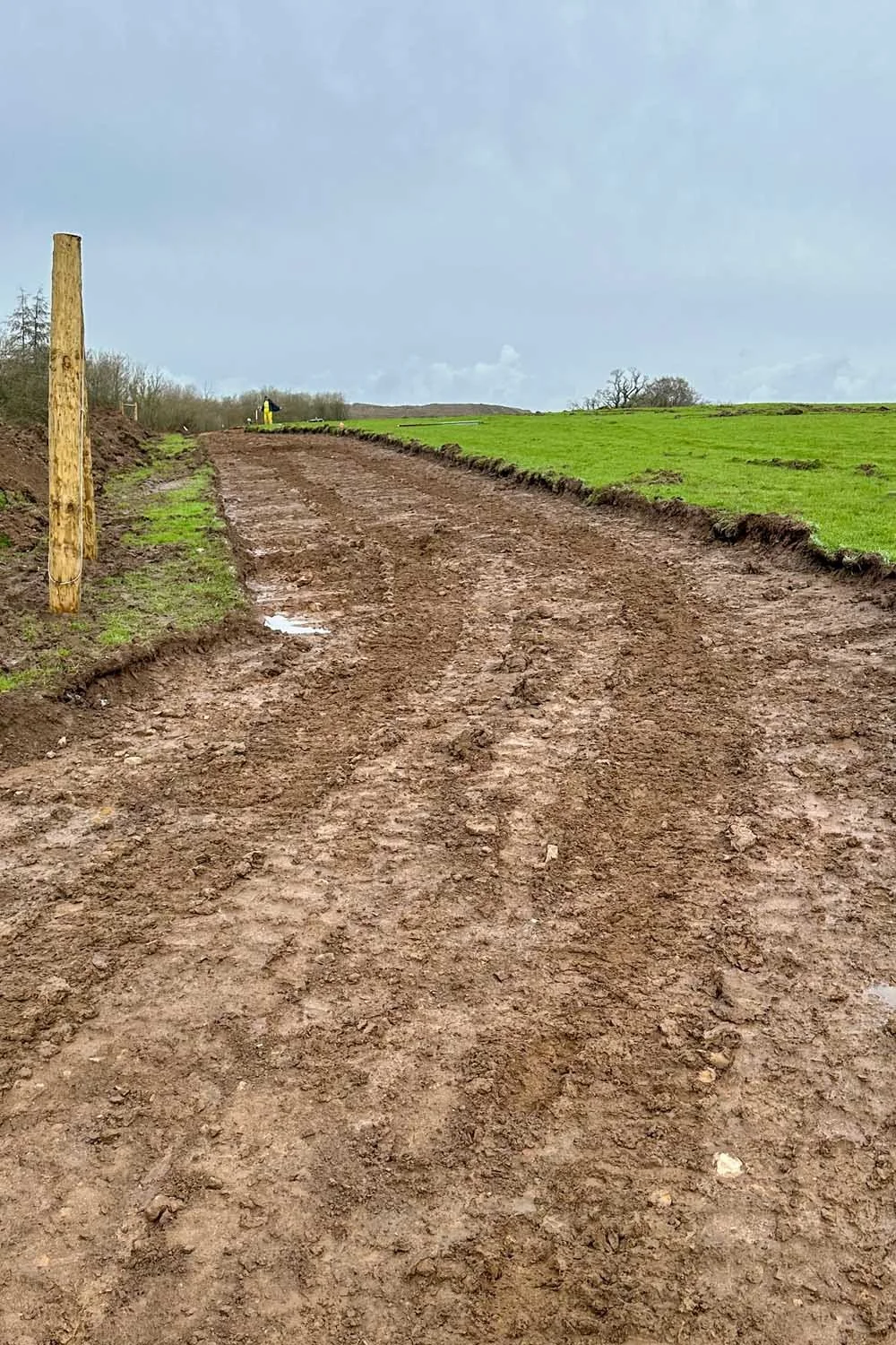 A muddy dirt path running through a green field with an overcast sky.