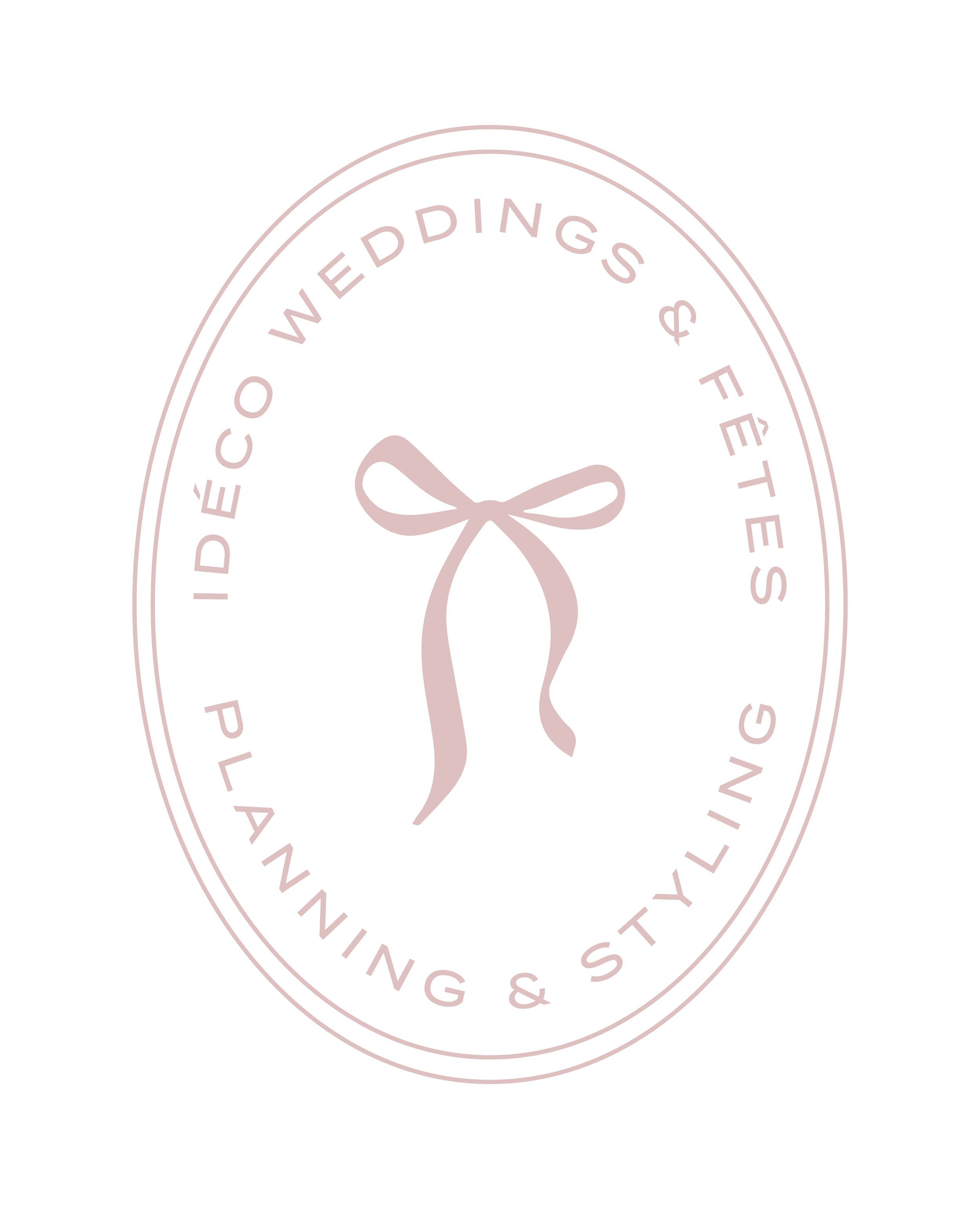 Elegant emblem with pastel pink bow in the center, surrounded by text that reads "Idedoicho Weddings & Fêtes Planning & Styling" on a black background.