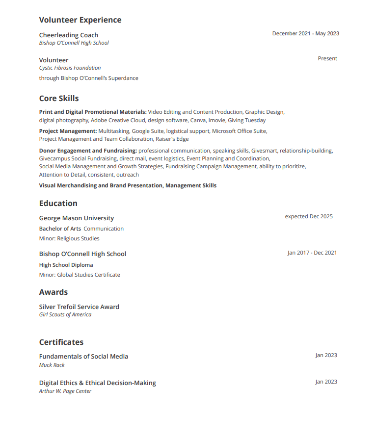A resume document displaying volunteer experience, core skills, education, awards, and certificates, related to social media, project management, and fundraising, with specific dates and organizations listed.
