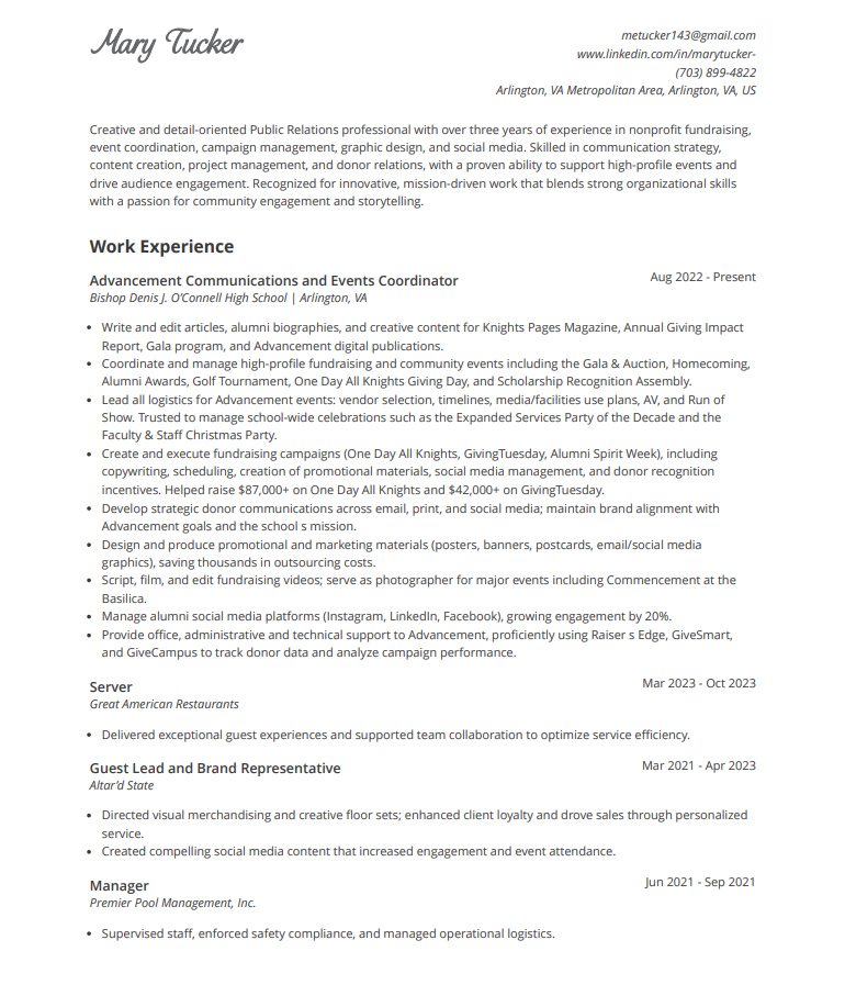 A professional resume for Mary Tucker highlighting her work experience in public relations and event coordination, including roles at Bishop Denis J. O'Connell High School, Great American Restaurants, Altar'd State, and Premier Pool Management, Inc.