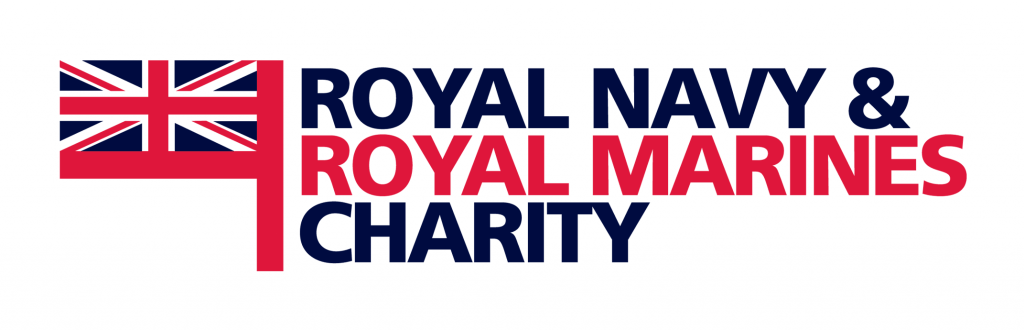 Logo of Royal Navy and Royal Marines Charity with the Union Jack flag and text in bold blue and red letters.