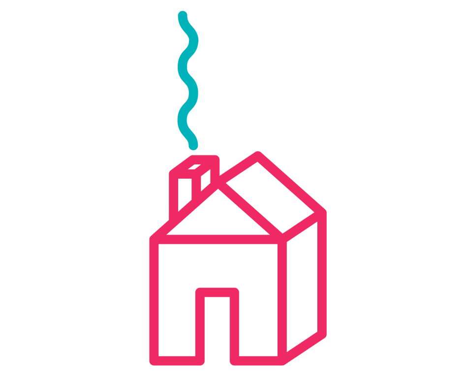 A pink outline of a small house with smoke coming out of the chimney on a black background.