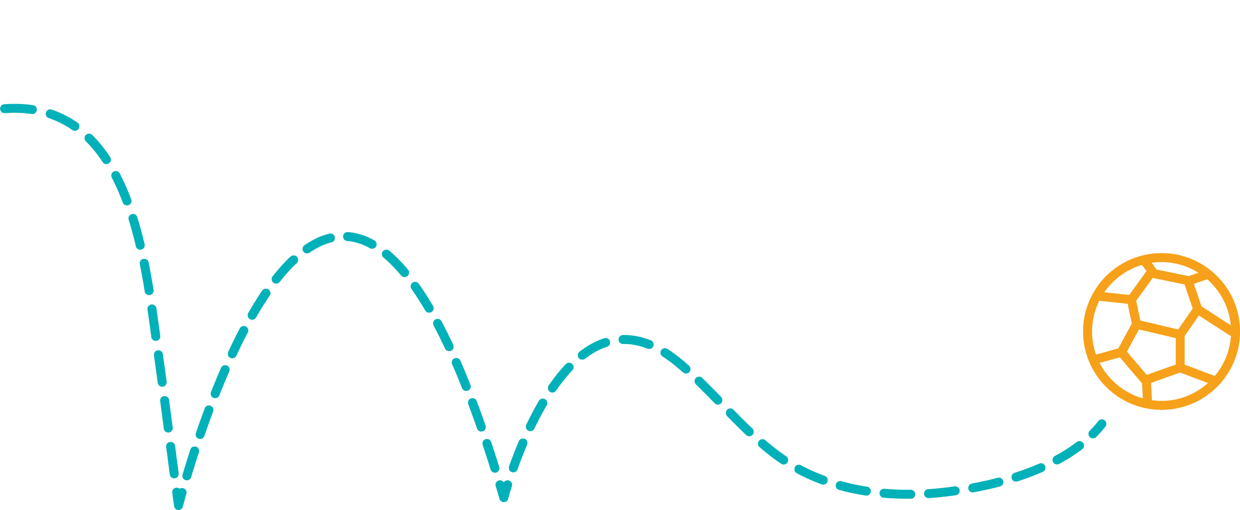 Illustration of a dashed blue line following a wave pattern, ending at an orange soccer ball.