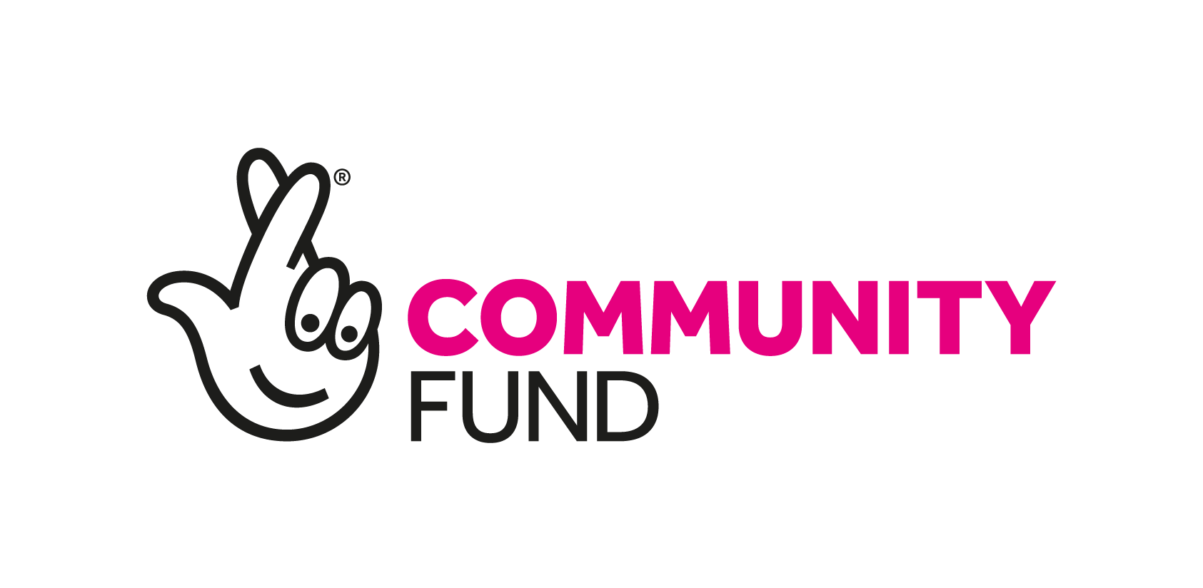 Lottery community fund Logo, featuring a cartoon hand with two fingers crossed and smiling face, with pink and black text.