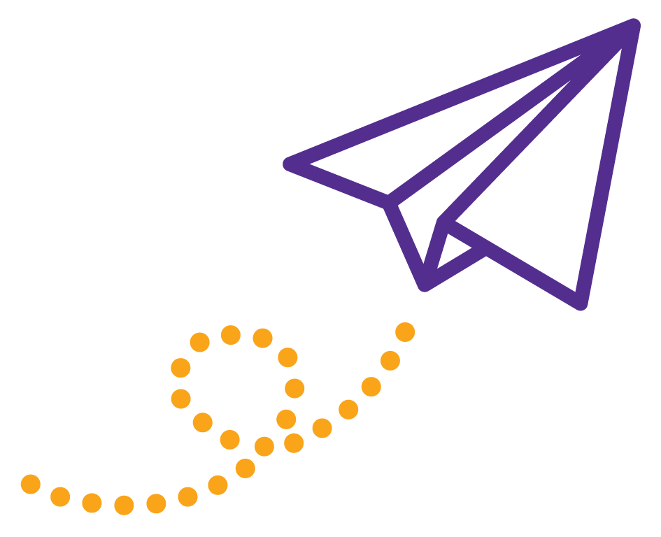 Purple line drawing of a paper airplane with an orange dotted dashed curved line trailing behind it, on a black background.