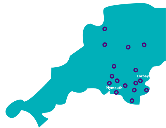Map of the county of Devon and Cornwall, showing locations including Plymouth and Torbay, with various marked points across the state.
