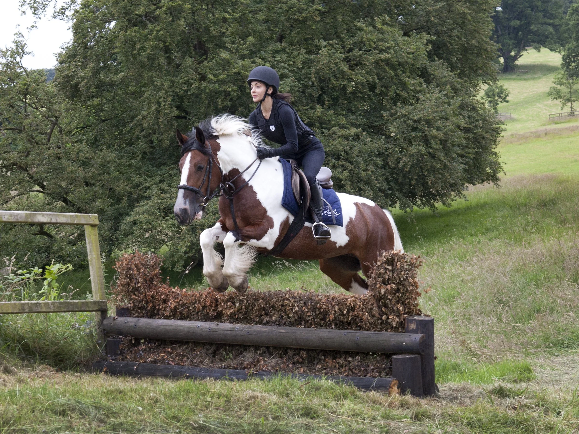 A woman riding a horse over a wooden obstacle during a cross-country equestrian event in a grassy field surrounded by trees.