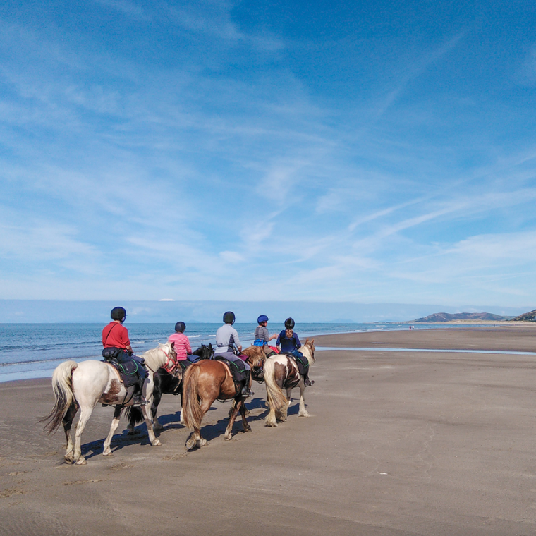 Six people riding horses along a beach under a blue sky with scattered clouds.