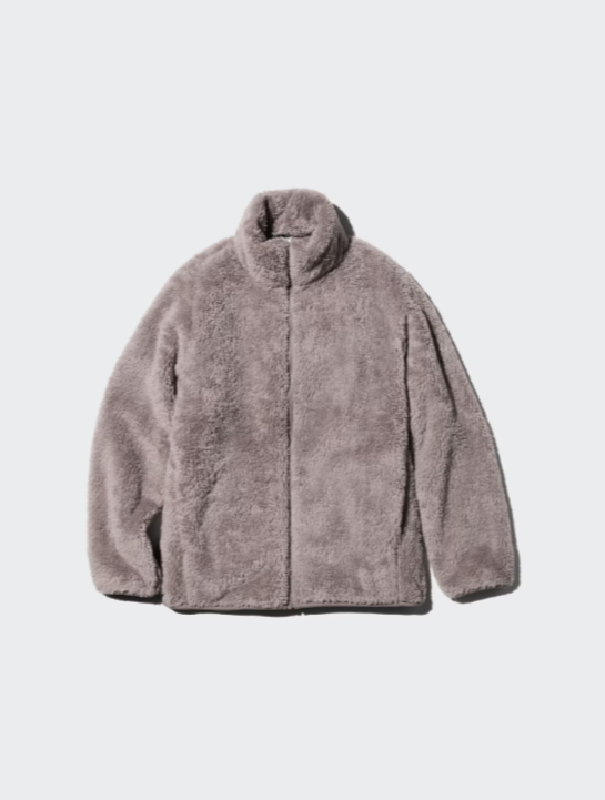 Gray fuzzy fleece jacket with a high collar on a white background.