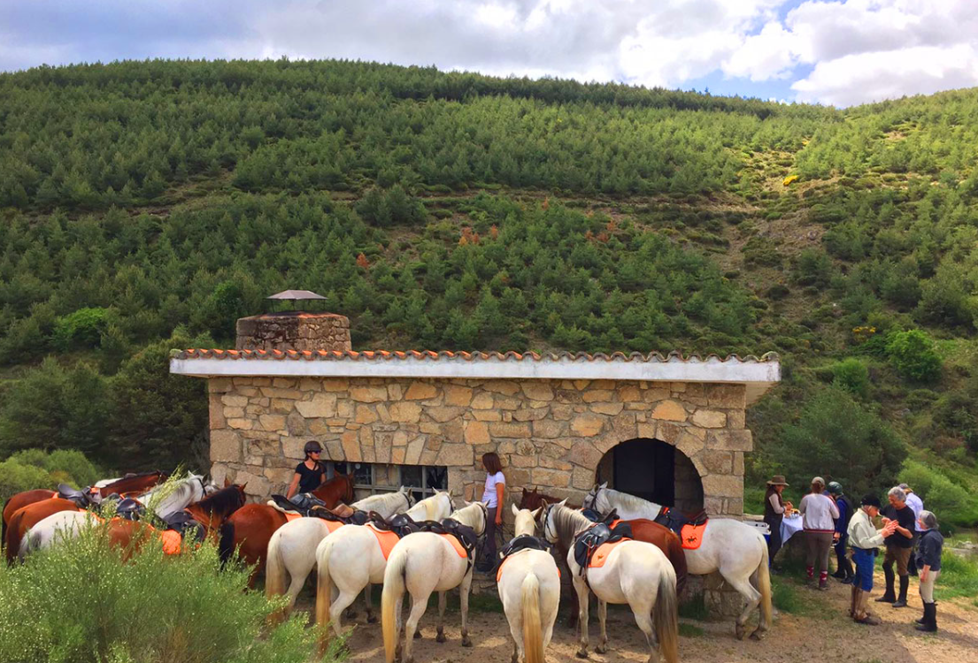 People preparing horses outside a stone building in a green, hilly landscape.