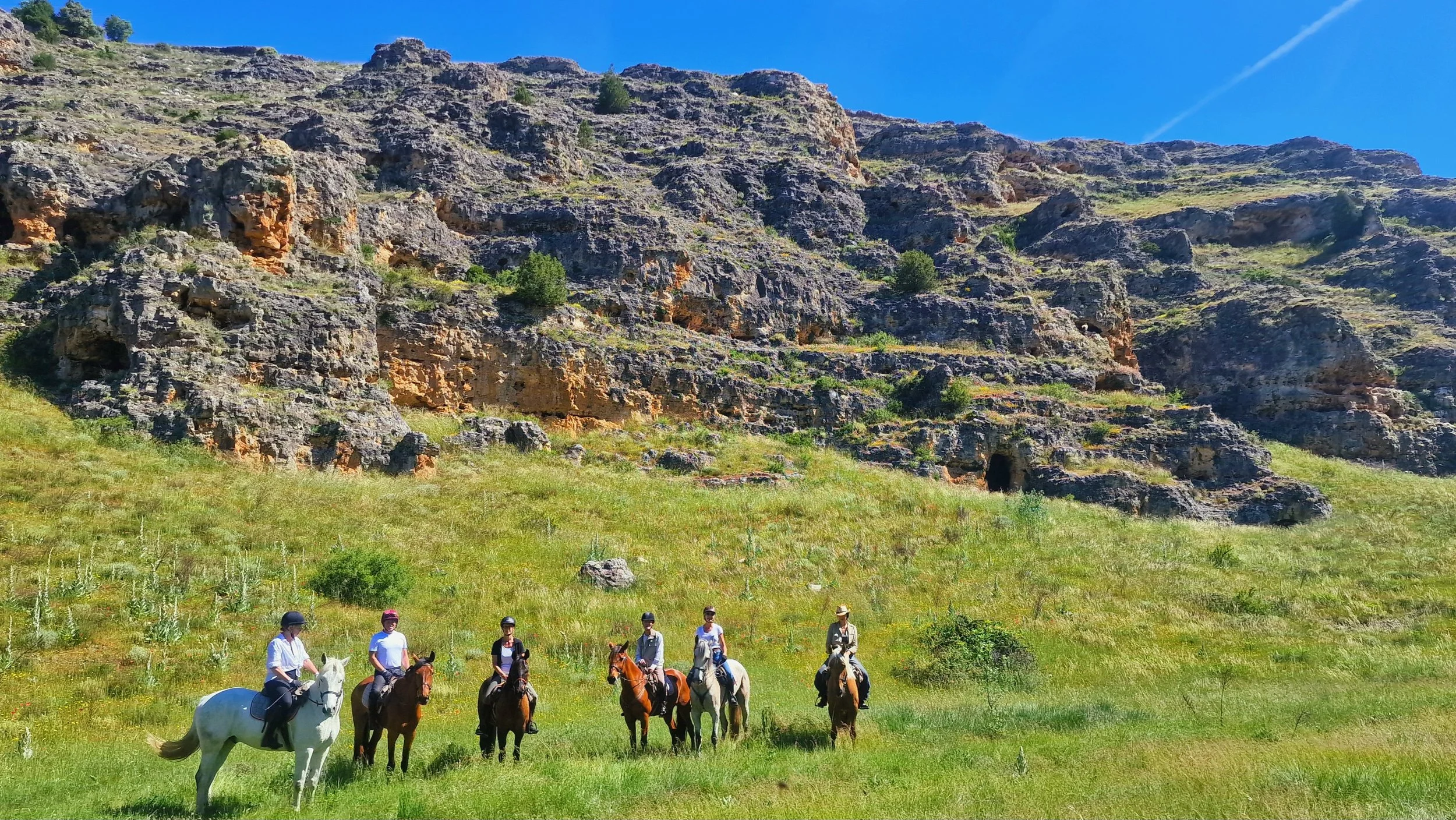 Six people riding horses on a grassy field with rocky cliffs and sparse vegetation in the background under a clear blue sky.