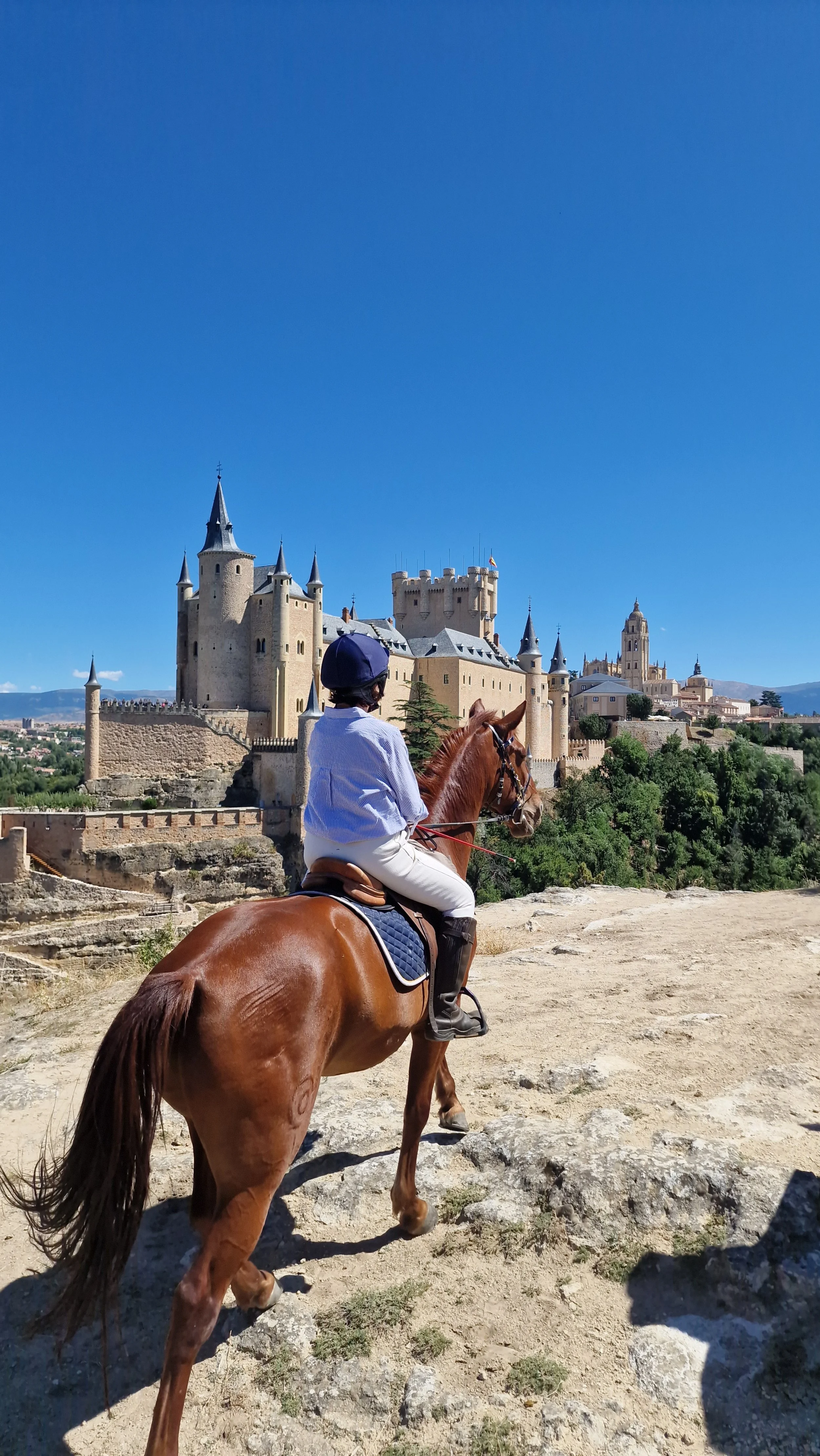 A person riding a horse toward a castle on a sunny day.