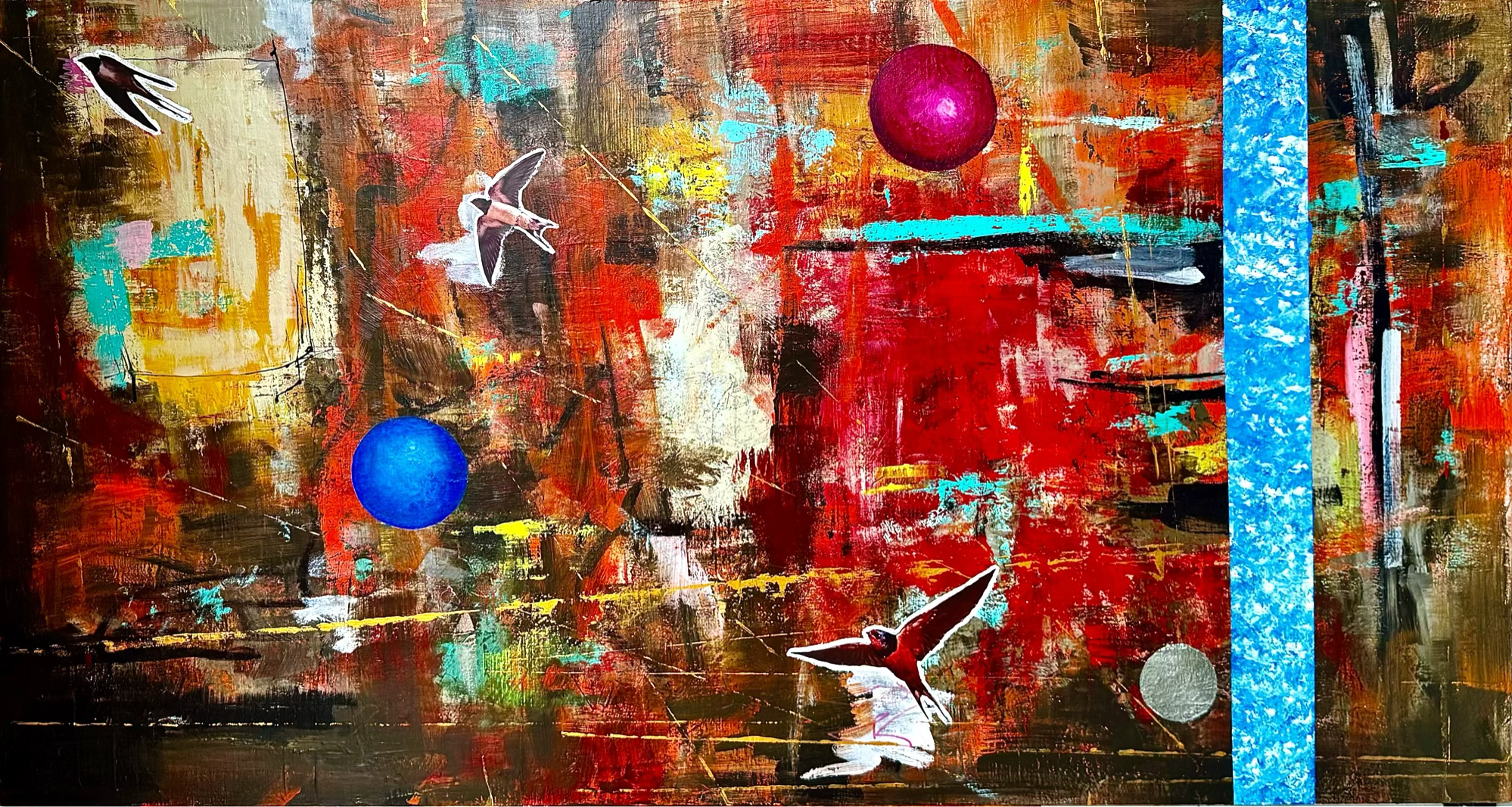 FOUR PERCEPTIONS OF REALITY  
Acrylic, Silver Leaf, and Photographic Collage on Linen, 150x80 cm, 2025