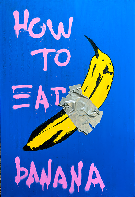 HOW TO EAT BANANA  
Mixed Media on Canvas, 53x77 cm, 2023
