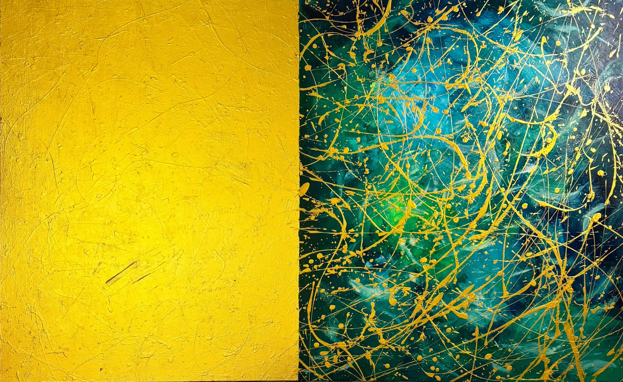 FALLING EMERALD FEATHERS  
Acrylic, Gold Leaf on Canvas, 92x150 cm, 2025