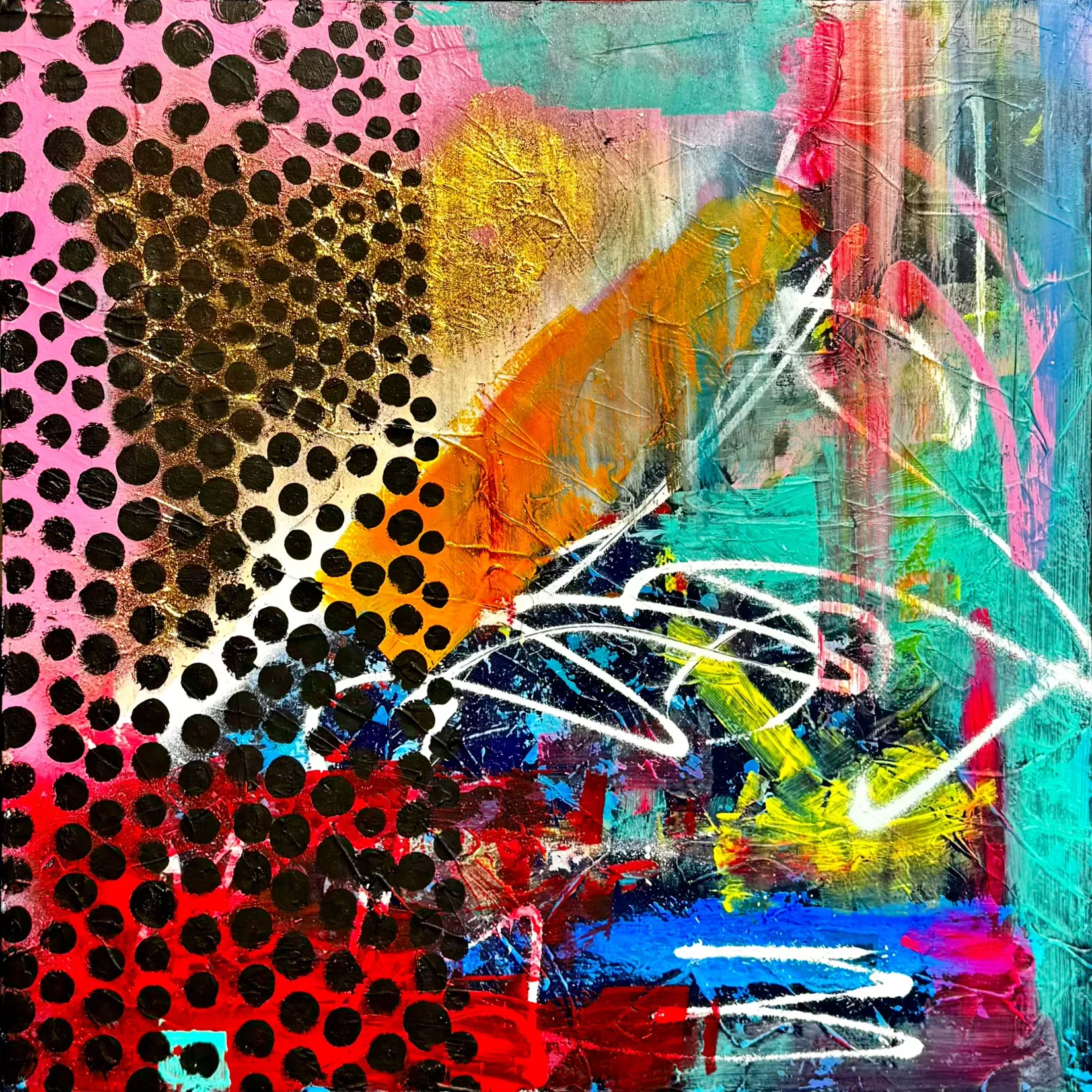 STAND BY ME  
Acrylic, Spray paint, Gold leaf on Canvas, 80x80 cm, 2026