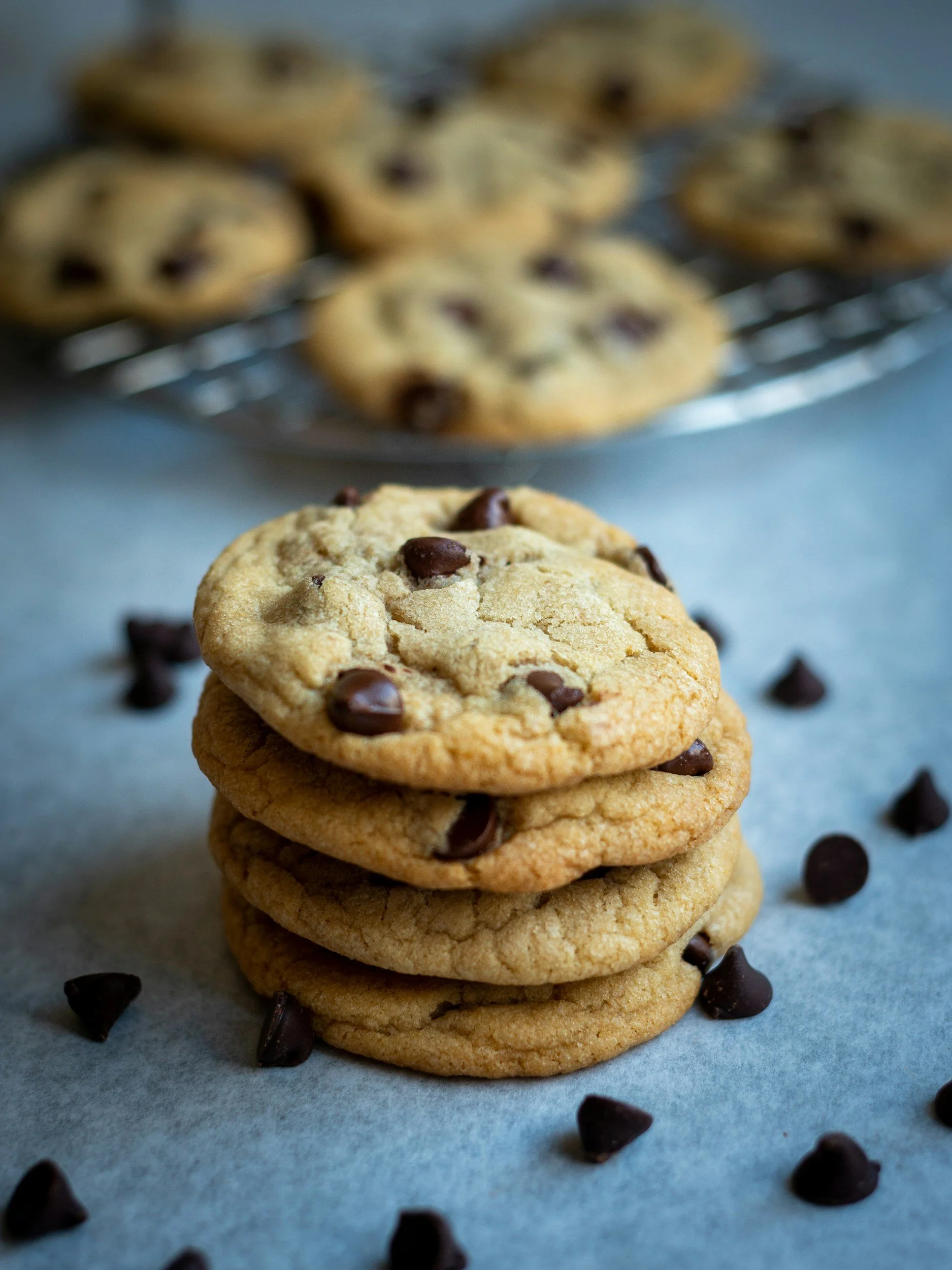 Stacks of chocolate chip cookies.