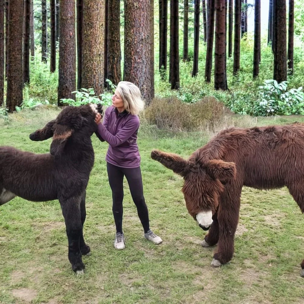 Une femme avec deux ours dans une forêt, l'un de black bear et l'autre de brown bear.