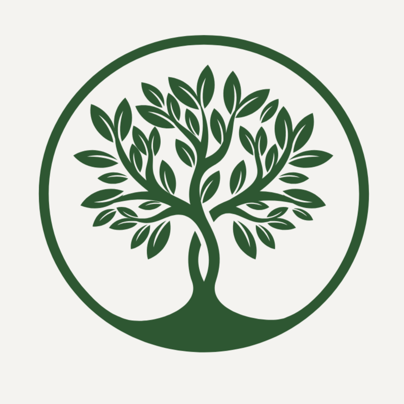 Groene boom met vele bladeren in een cirkelvormig logo