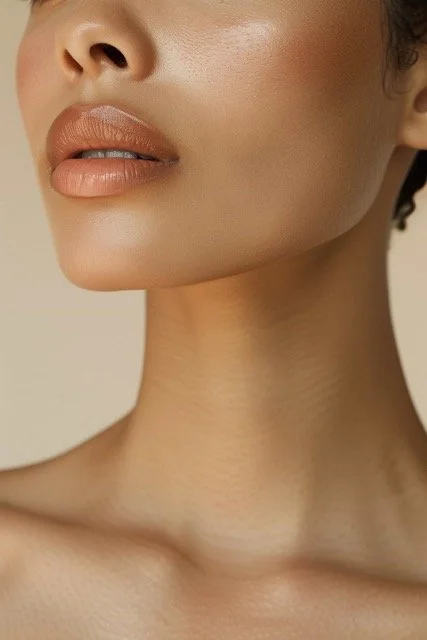 Close-up of a woman's face and neck, showing her lips, nose, and smooth skin.