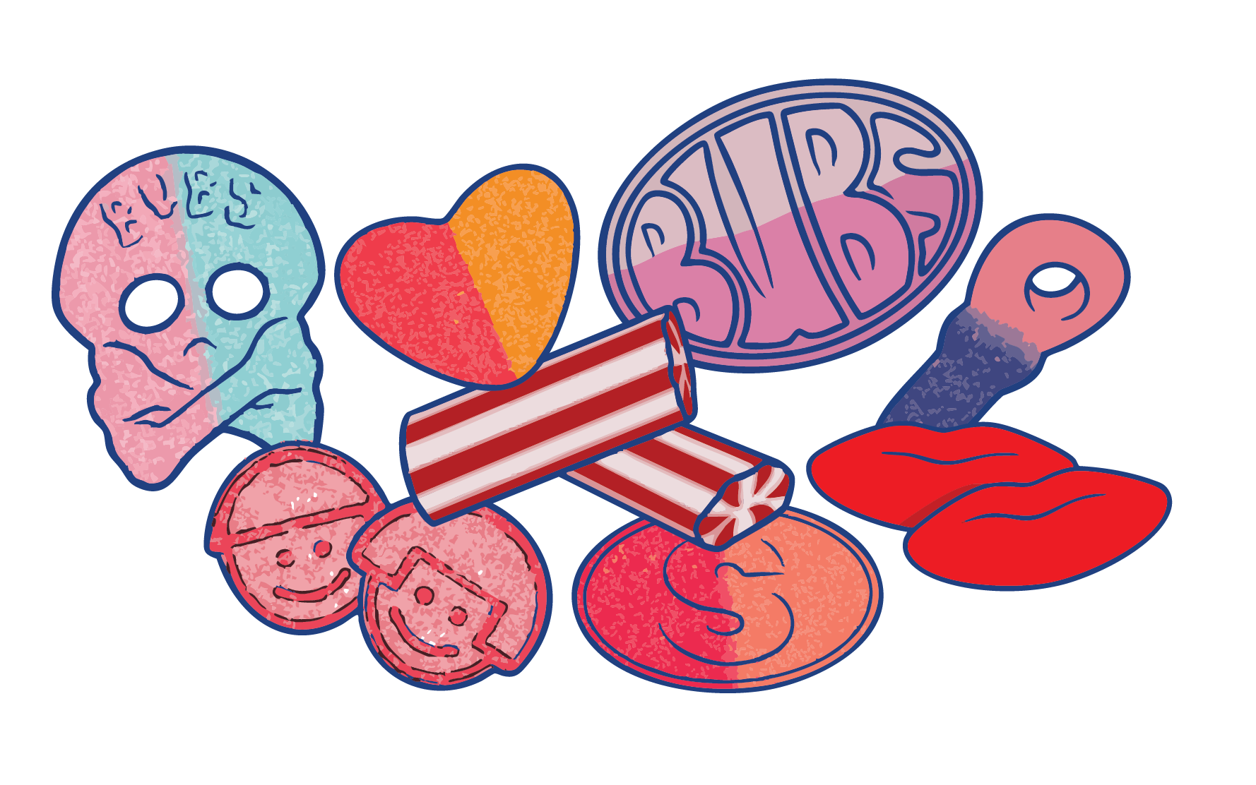 Illustration of various Swedish candy including a pink BUB skull, peach hearts, red candy lips, Rambo twists, raspberry twins, S-marks, and bubble gum pacifier.