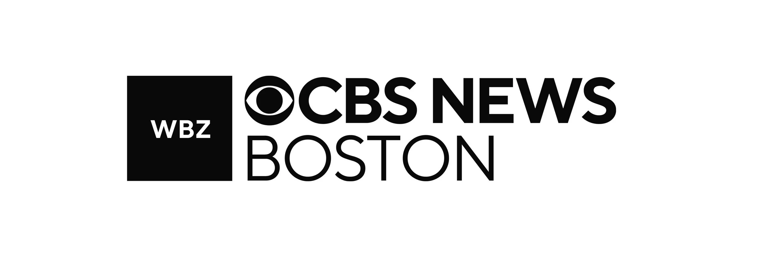 Black and white logo for WBZ CBS News Boston, featuring a black square with 'WBZ' in white, and the CBS eye logo with 'CBS News Boston' text.