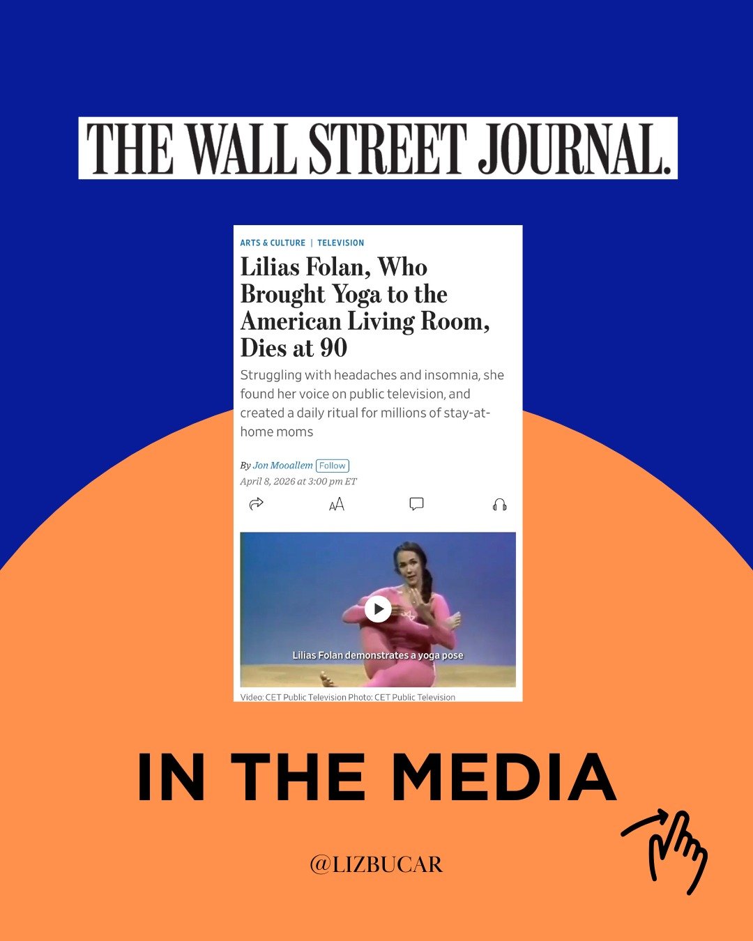 @wsj just published a beautiful obituary for Lilias Folan, the woman who brought yoga into American living rooms, and I had the honor of being quoted in it. Lilias deserves more credit than she gets. But making yoga accessible to mainstream America w