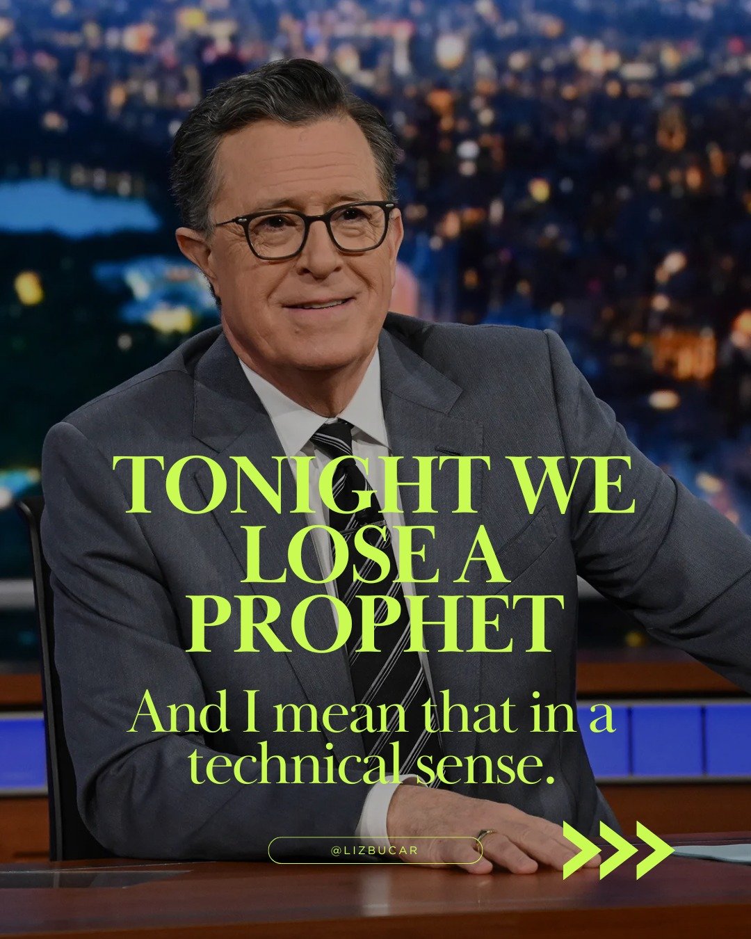As promised: more thoughts on Colbert as prophet, and why I mean that in a technical sense.

In this carousel: what a prophet actually is, why Colbert has been doing prophetic work since night one, and the Dua Lipa exchange that is some serious theol