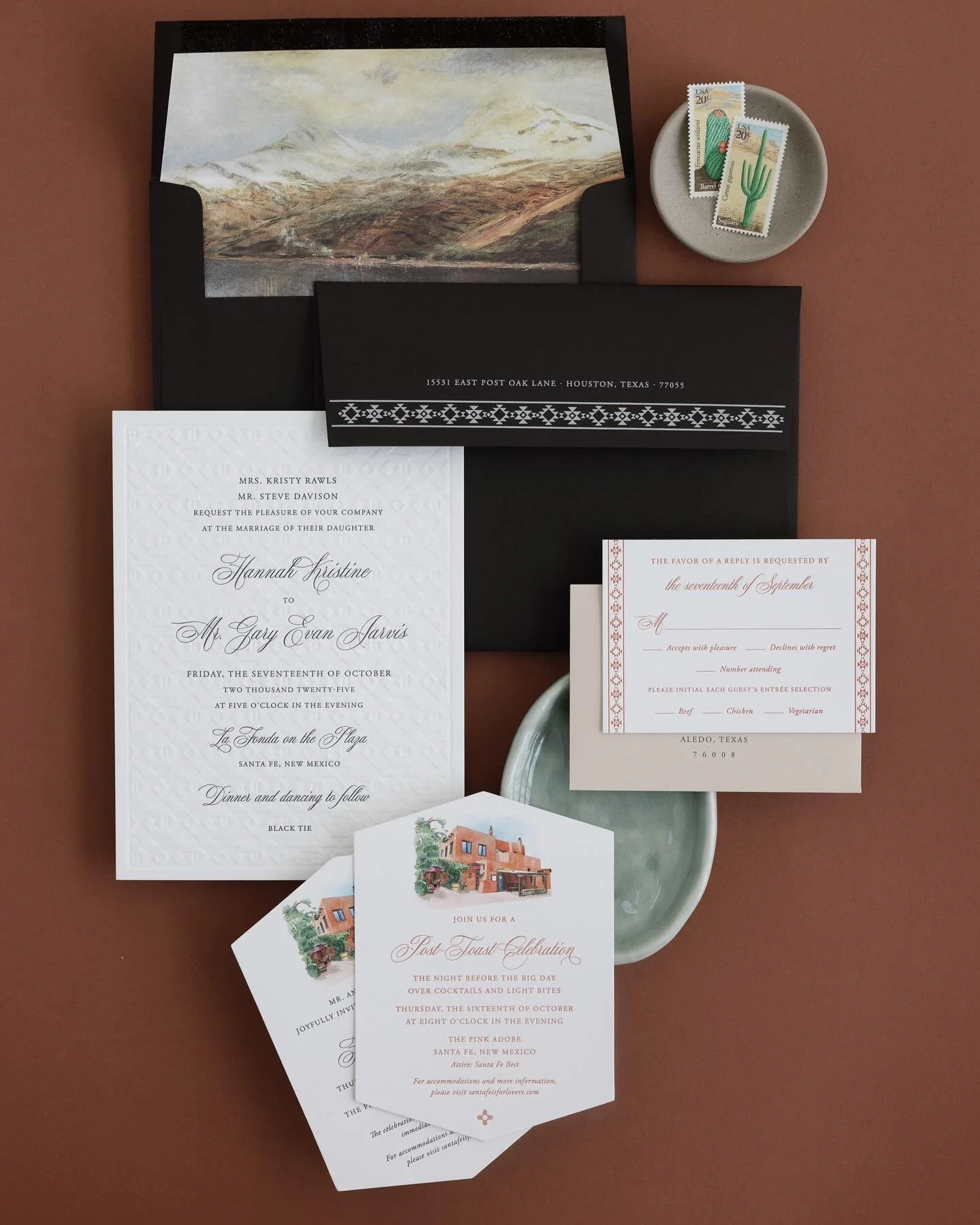 From Dallas to beautiful Santa Fe! 
This wedding destination truly set the tone with its Southwestern palette, layered textures, and a suite that feels like the landscape itself.

A custom watercolor of The Pink Adobe, Zia-inspired monogram and die c